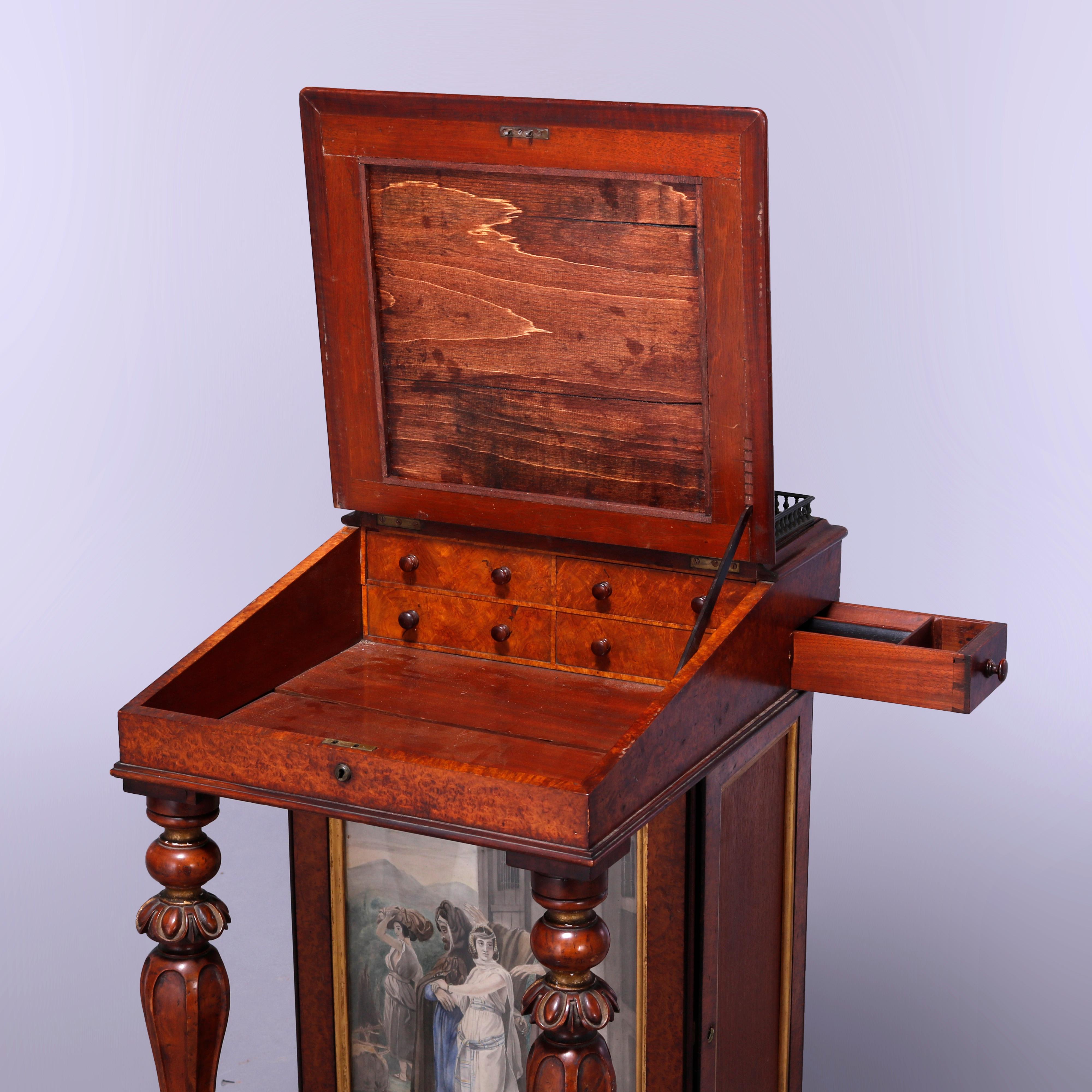 Antiker, kleiner Davenport-Schreibtisch aus Wurzelholz und Mahagoni mit Aquarelltafeln, um 1880 im Angebot 1
