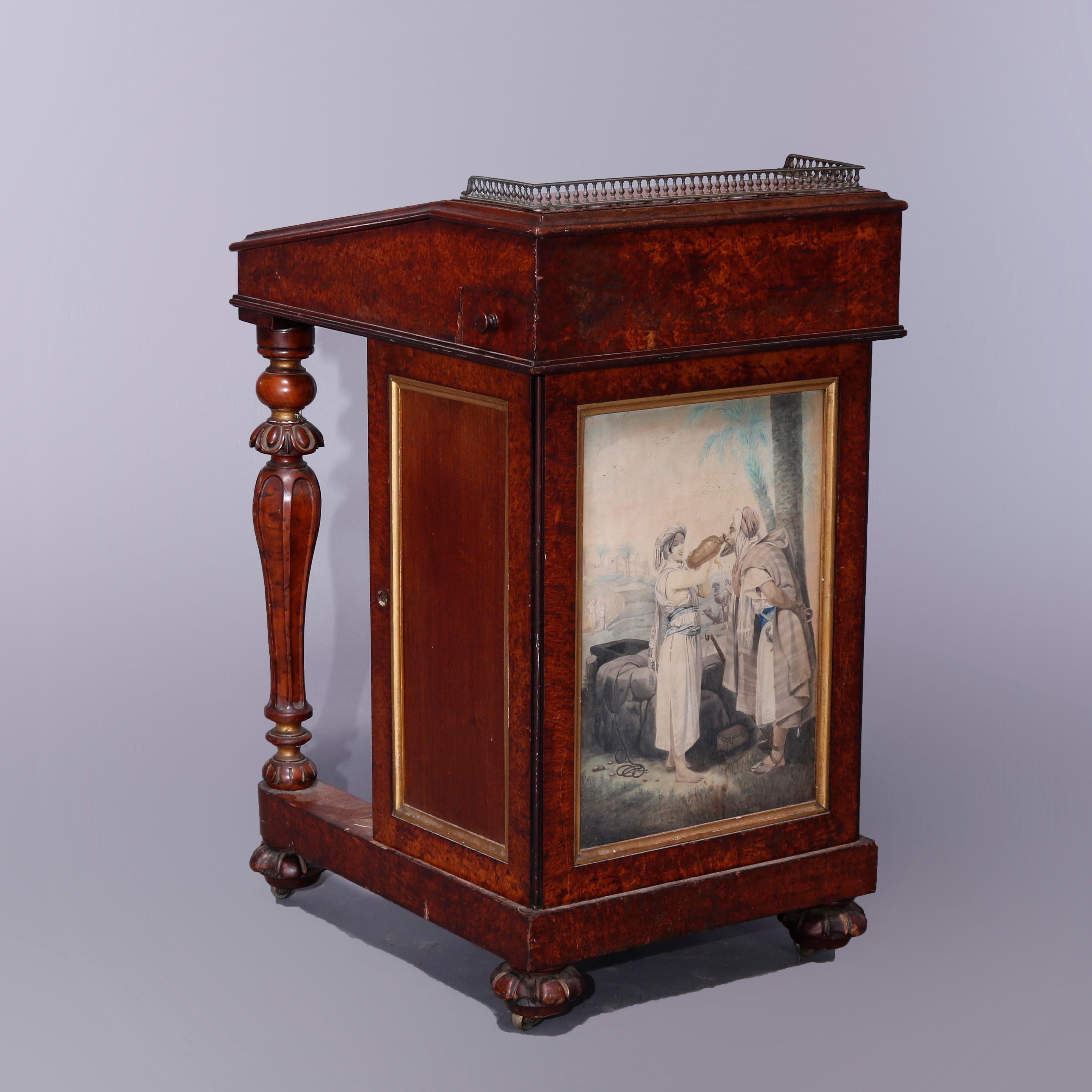 Antique Diminutive Burl & Mahogany Davenport Desk with Watercolor Panels, c1880 For Sale 2