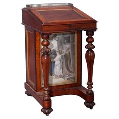 Antique Diminutive Burl & Mahogany Davenport Desk with Watercolor Panels, c1880