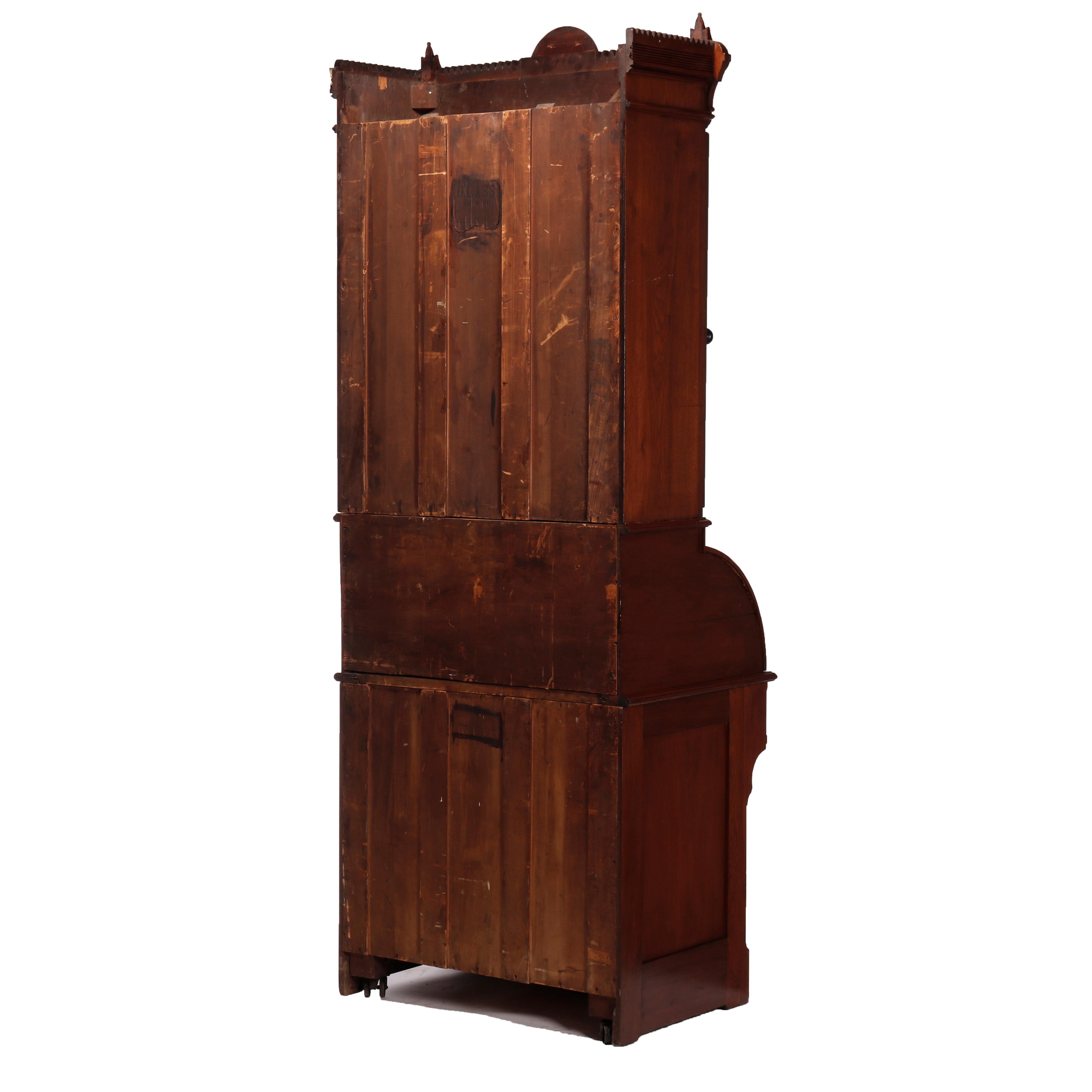 Antique Diminutive Renaissance Revival Walnut & Burl Cylinder Secretary, c1880 For Sale 13