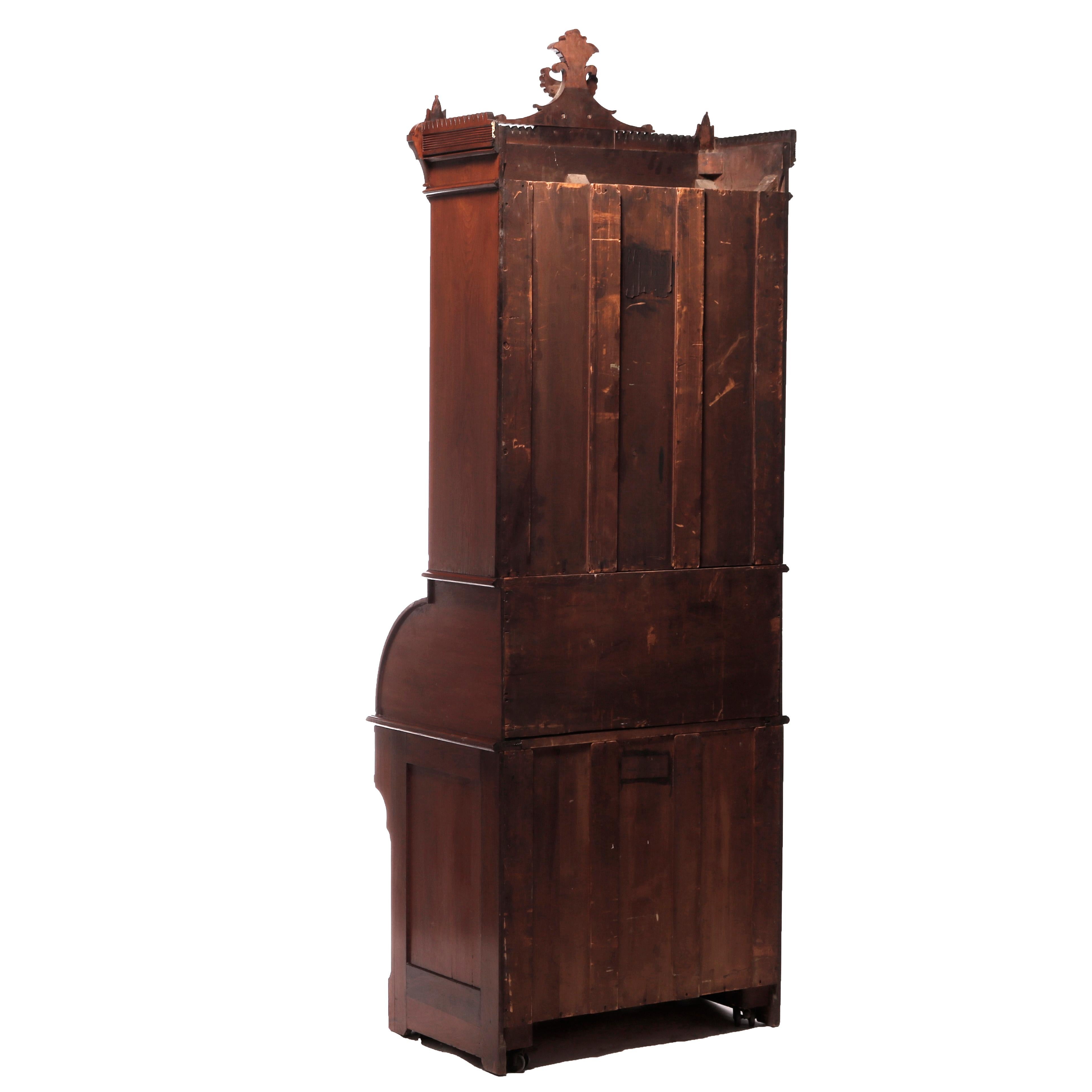 Antique Diminutive Renaissance Revival Walnut & Burl Cylinder Secretary, c1880 For Sale 14
