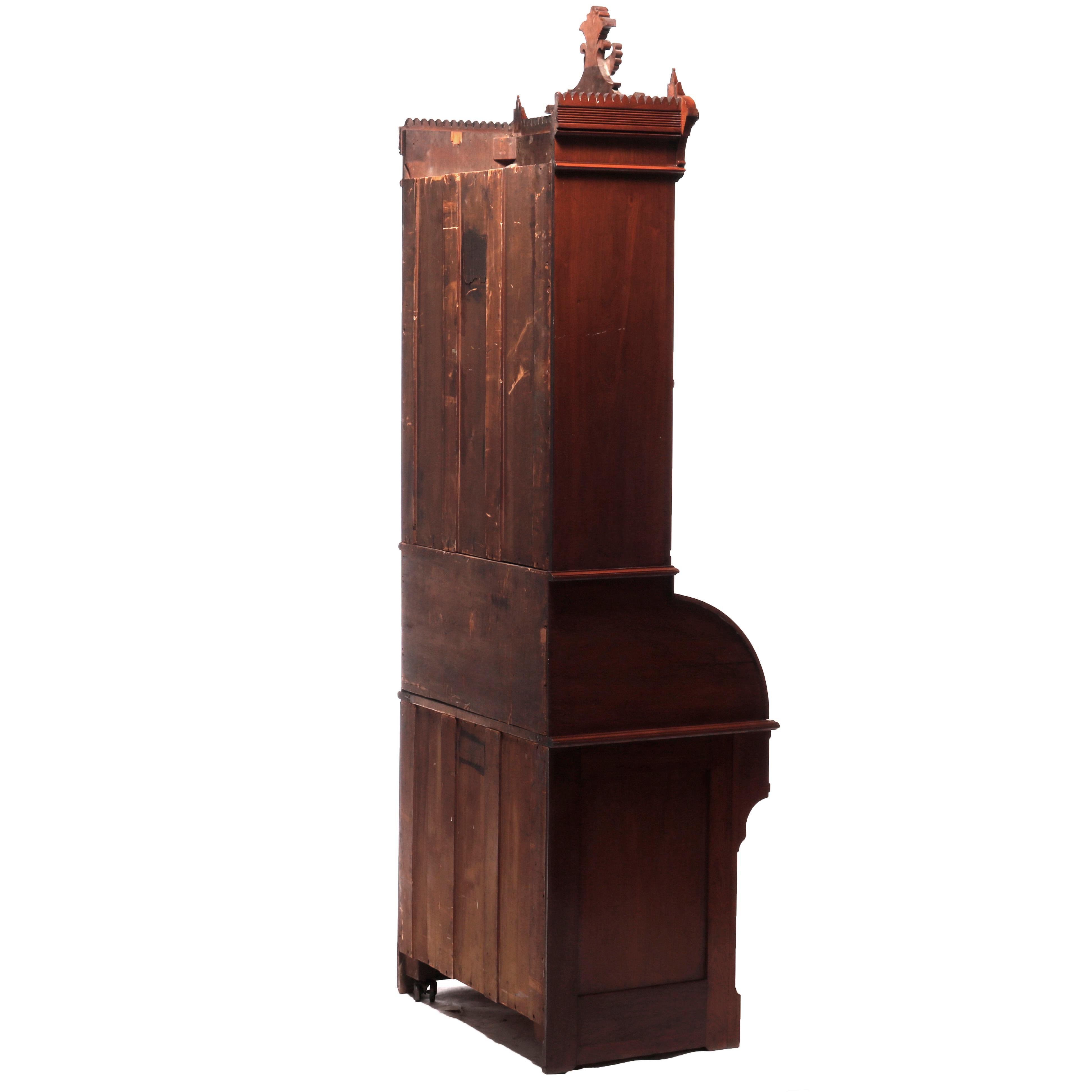 Antique Diminutive Renaissance Revival Walnut & Burl Cylinder Secretary, c1880 For Sale 15