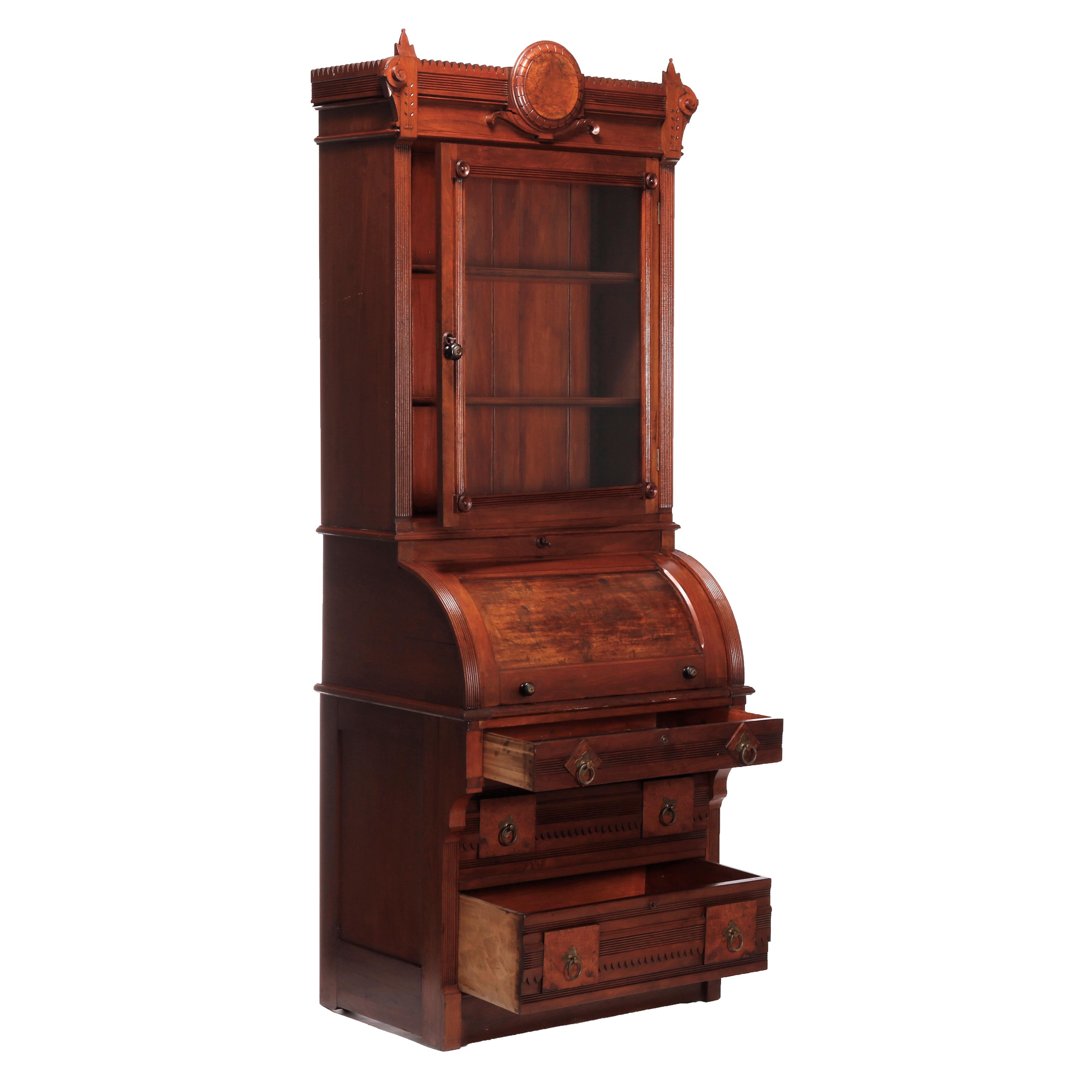 European Antique Diminutive Renaissance Revival Walnut & Burl Cylinder Secretary, c1880 For Sale