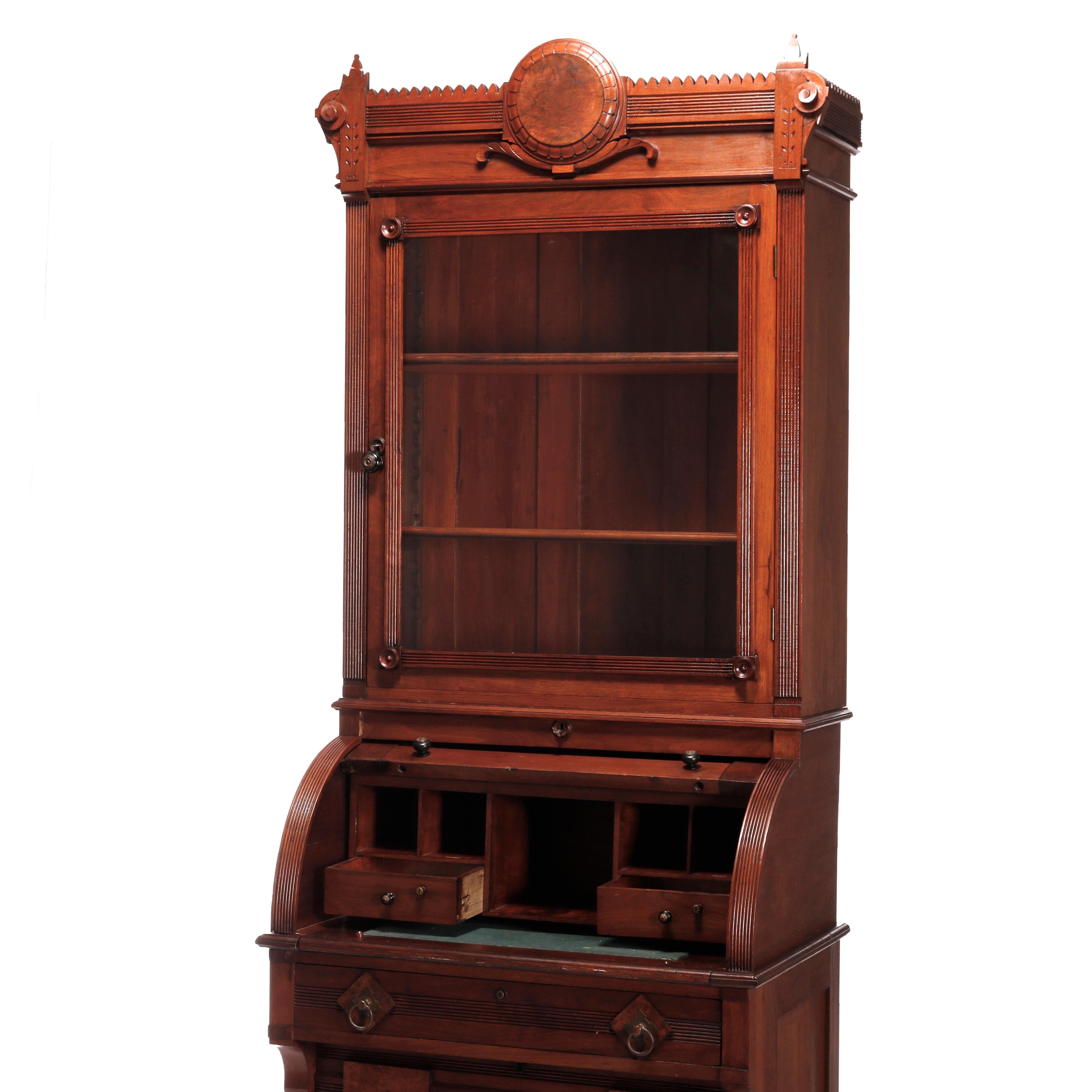 19th Century Antique Diminutive Renaissance Revival Walnut & Burl Cylinder Secretary, c1880 For Sale