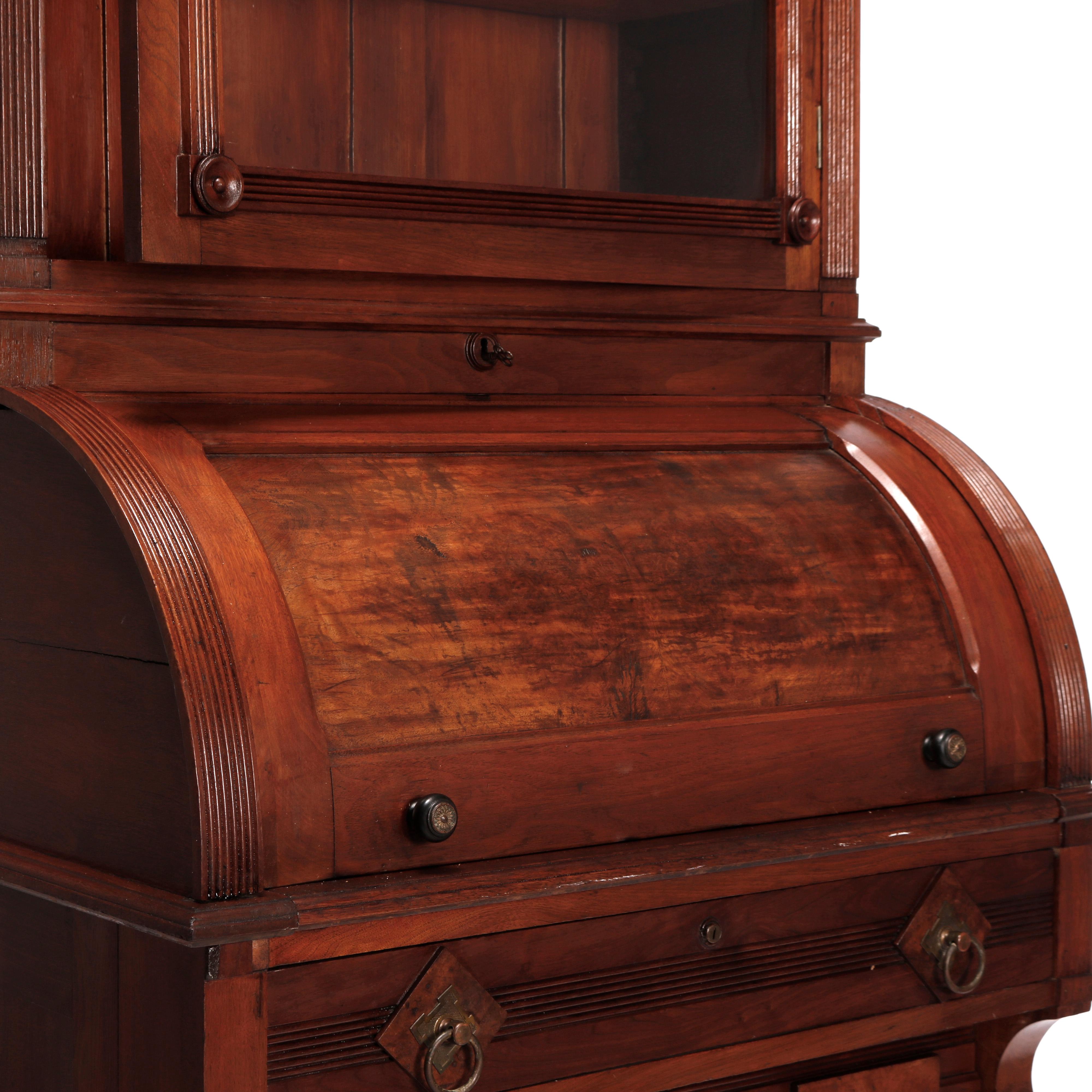 Antique Diminutive Renaissance Revival Walnut & Burl Cylinder Secretary, c1880 For Sale 4