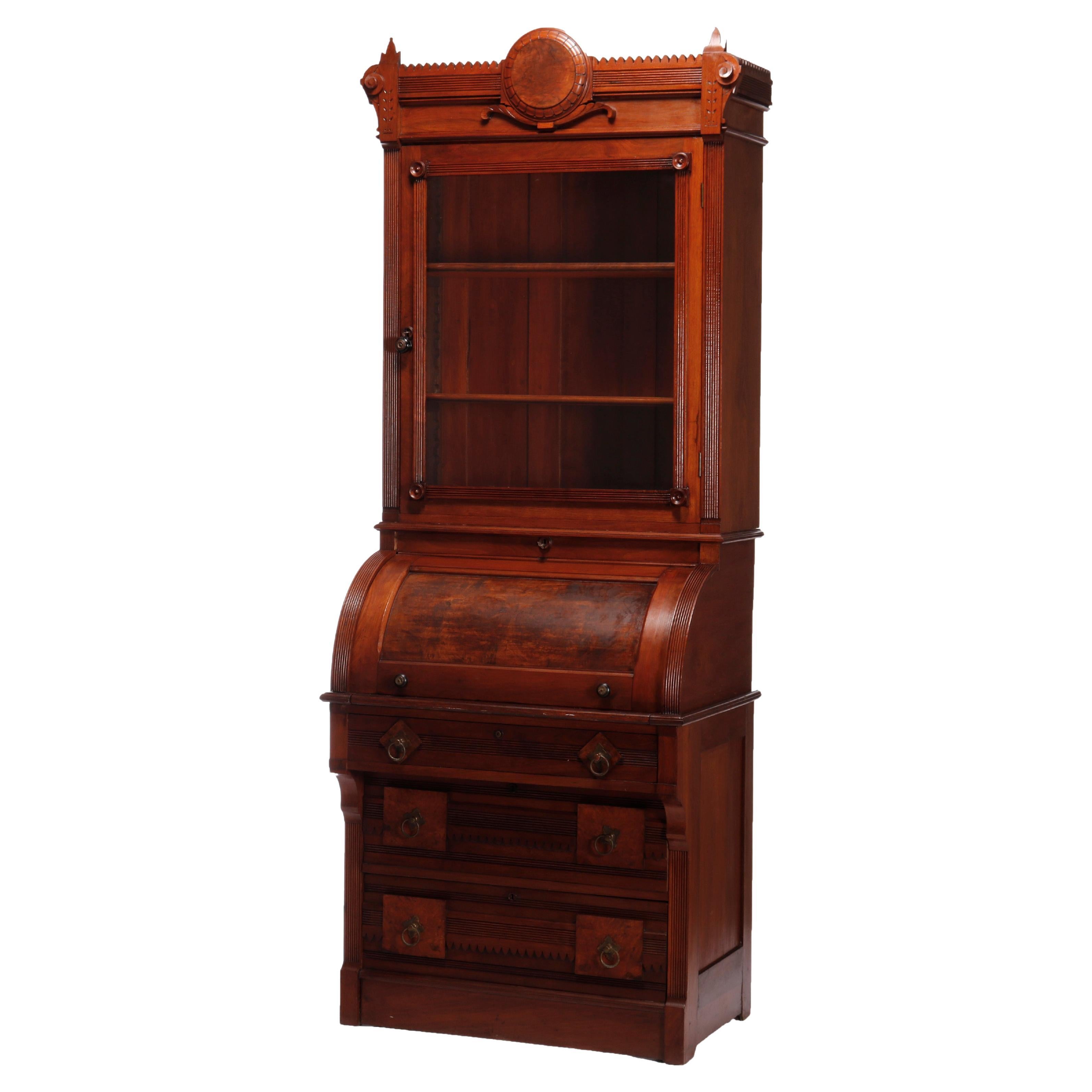 Antique Diminutive Renaissance Revival Walnut & Burl Cylinder Secretary, c1880