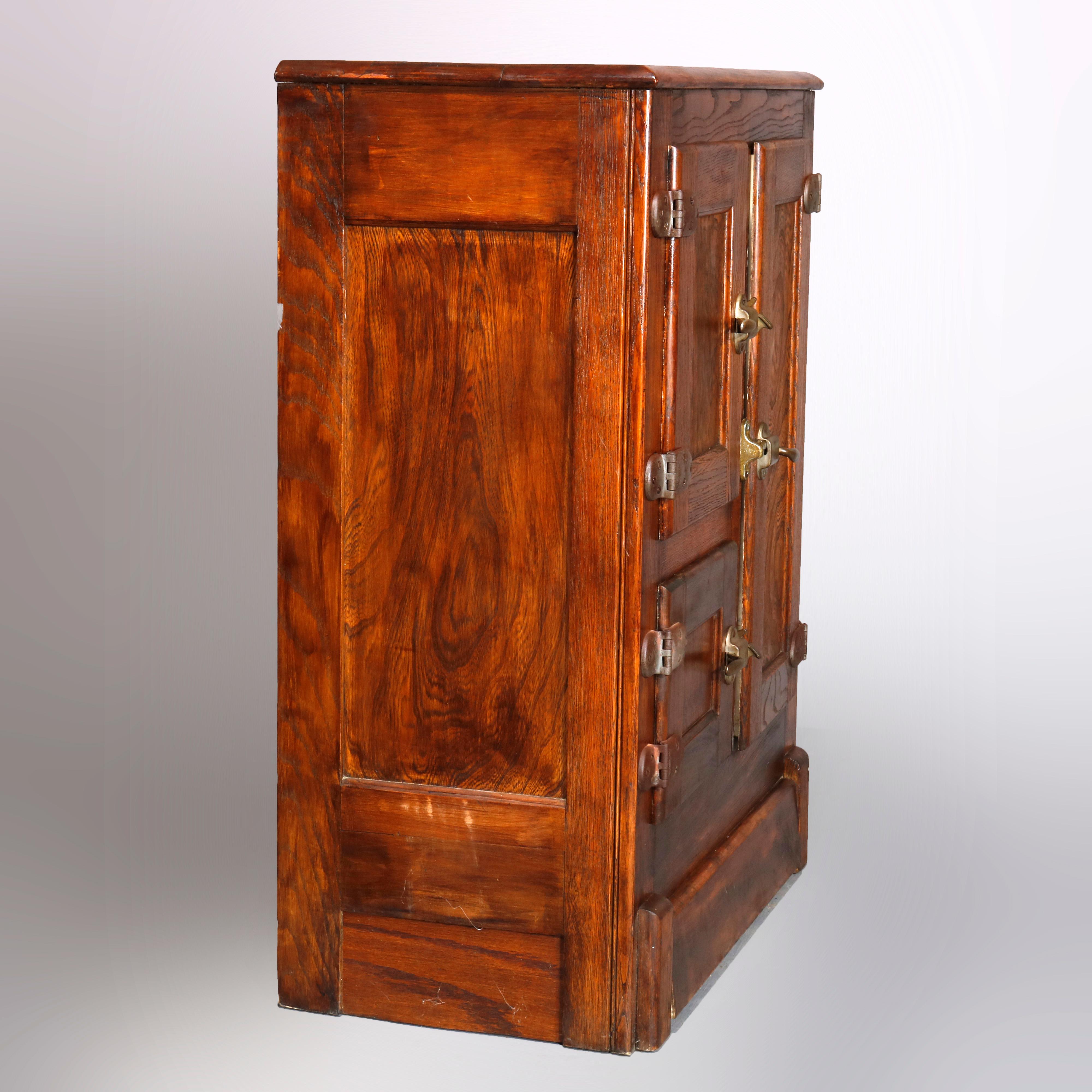 Primitive Antique Diminutive Three-Door Paneled Oak Ice Box, circa 1900