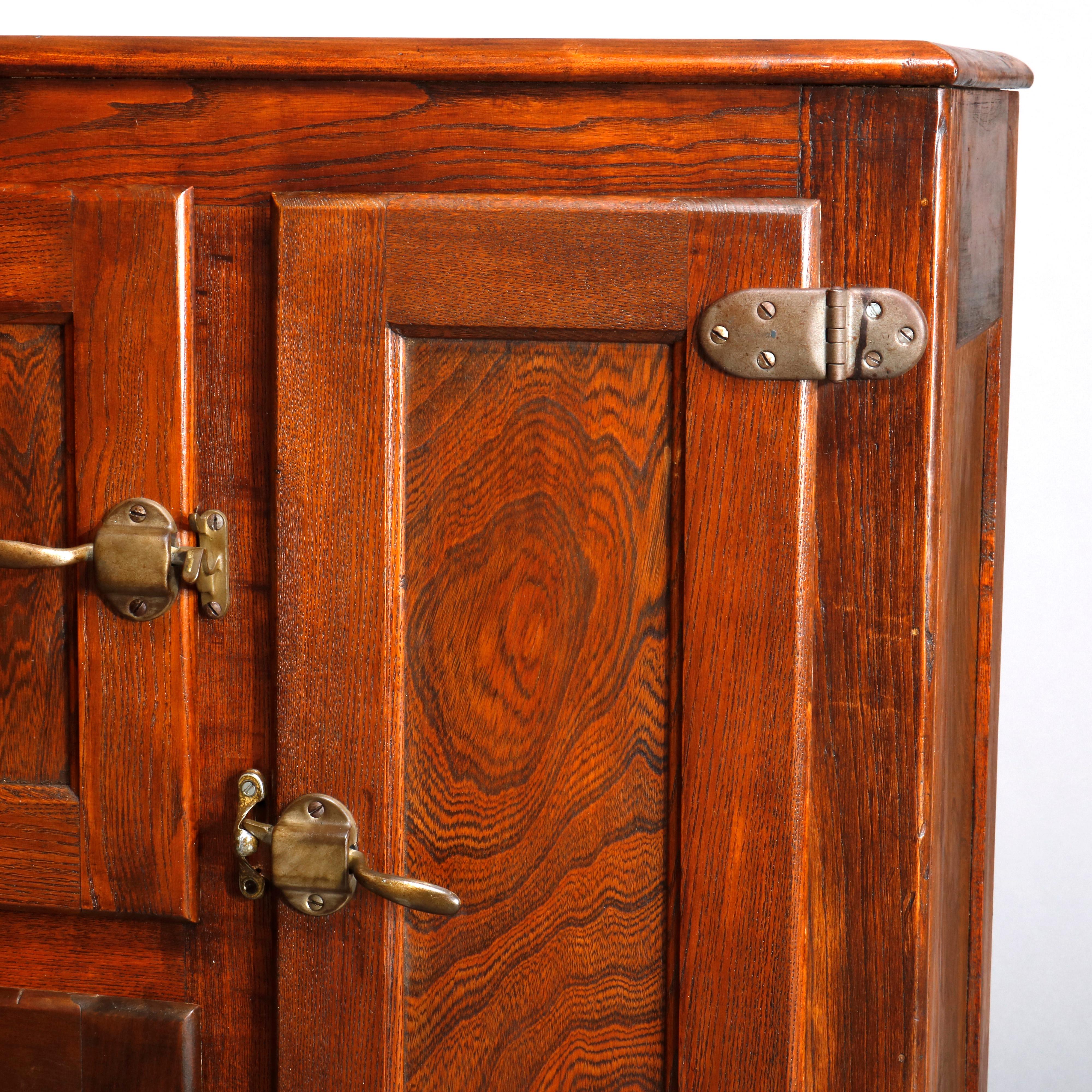 Antique Diminutive Three-Door Paneled Oak Ice Box, circa 1900 In Good Condition In Big Flats, NY