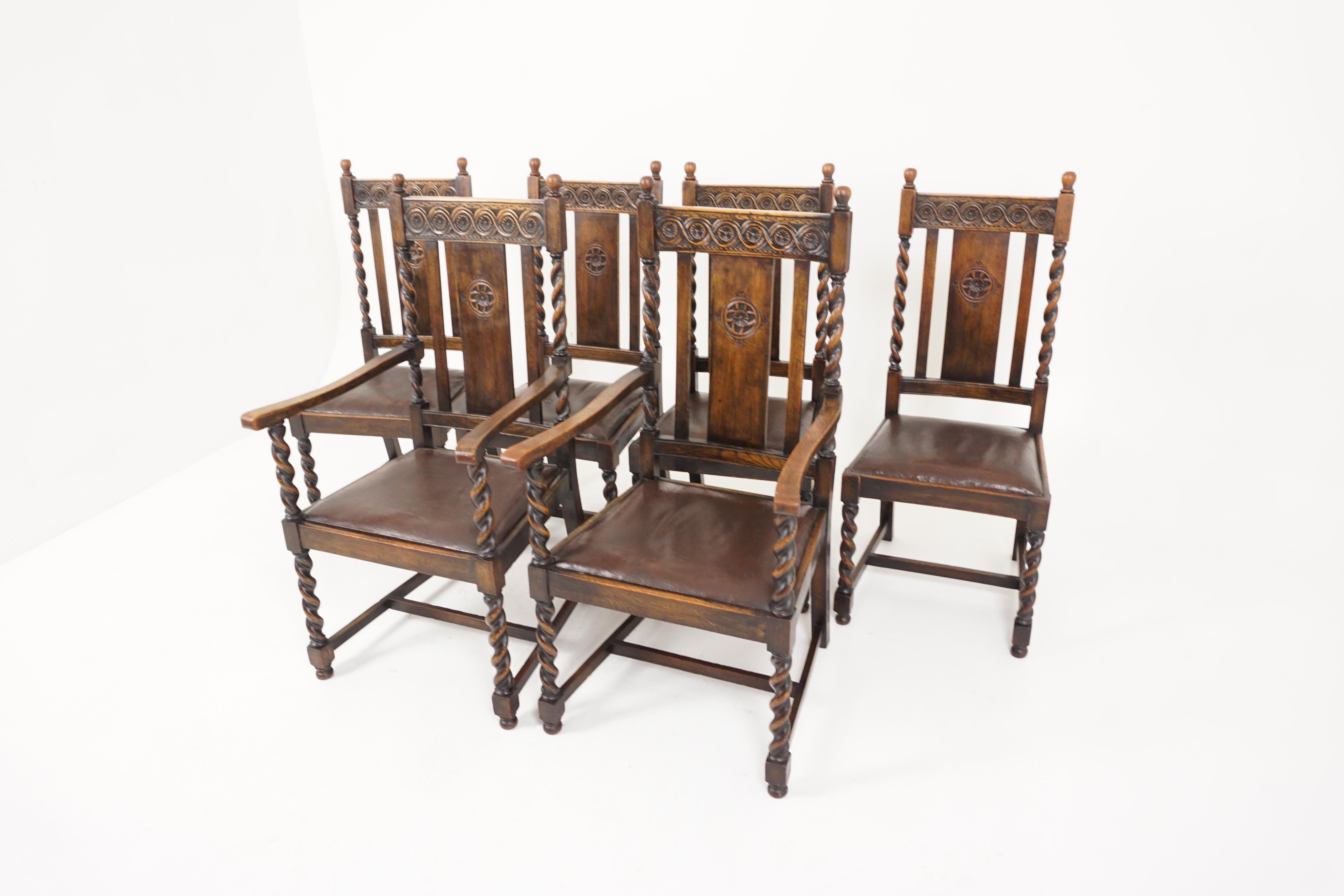 Antique dining chair, set of 6, carved oak, Barley Twist, Scotland 1910, B2646

Scotland 1910
Solid oak
Original finish
Carved top rail 
Barley twist supports with finials on top 
Lift out seat below
All standing on barley twist