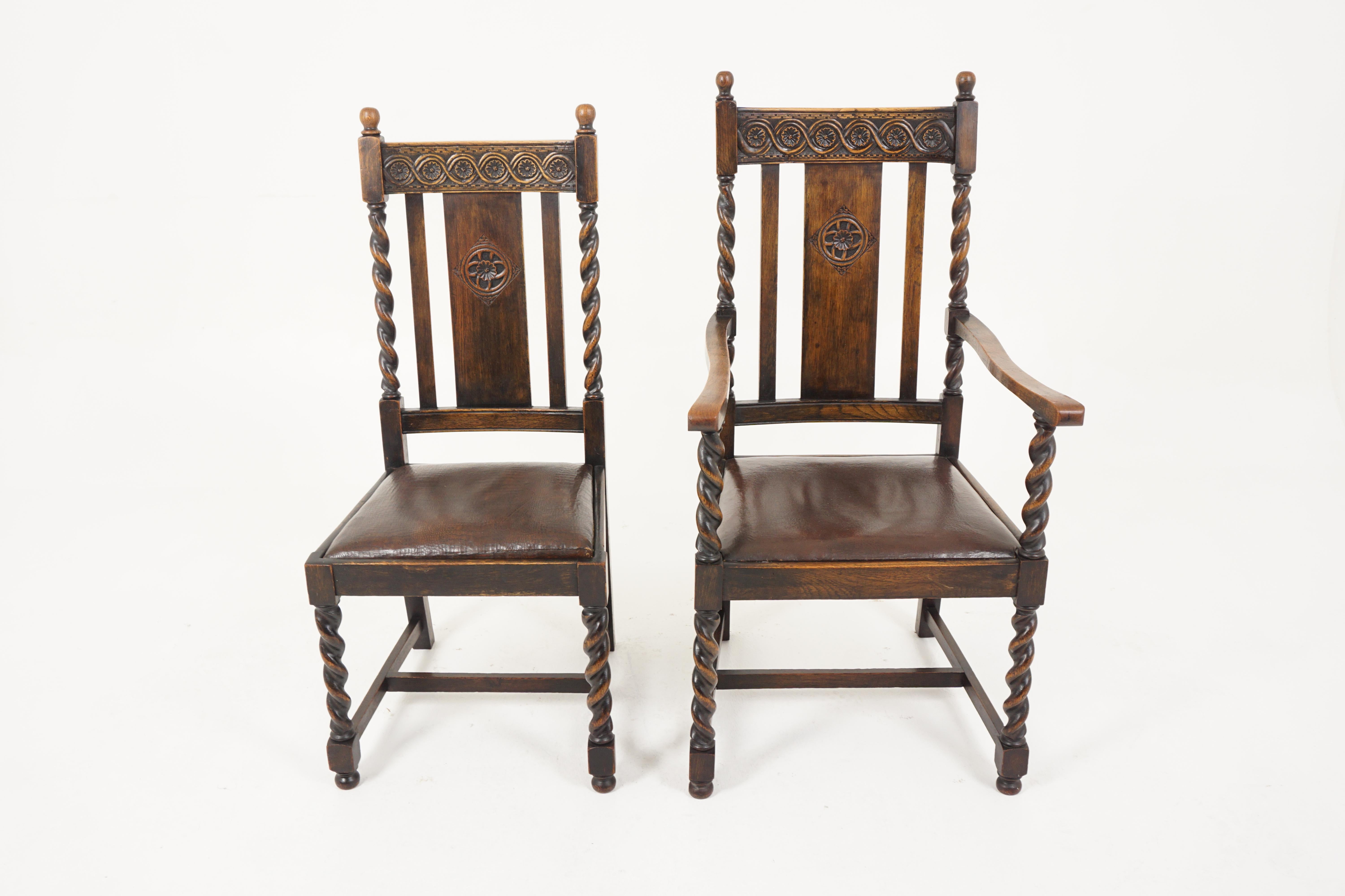 Scottish Antique Dining Chair, Set of 6, Carved Oak, Barley Twist, Scotland 1910, B2646  