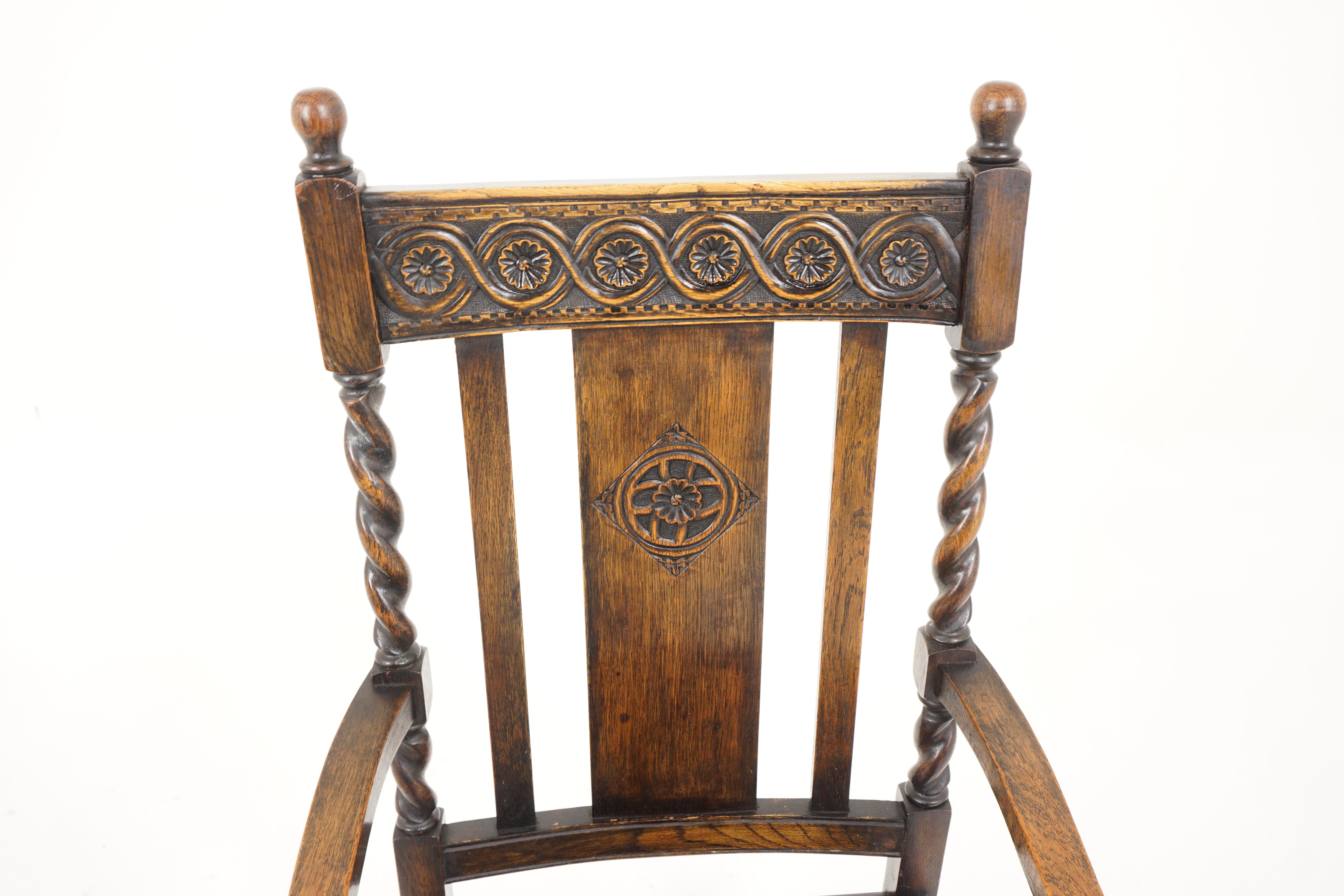 Hand-Crafted Antique Dining Chair, Set of 6, Carved Oak, Barley Twist, Scotland 1910, B2646  