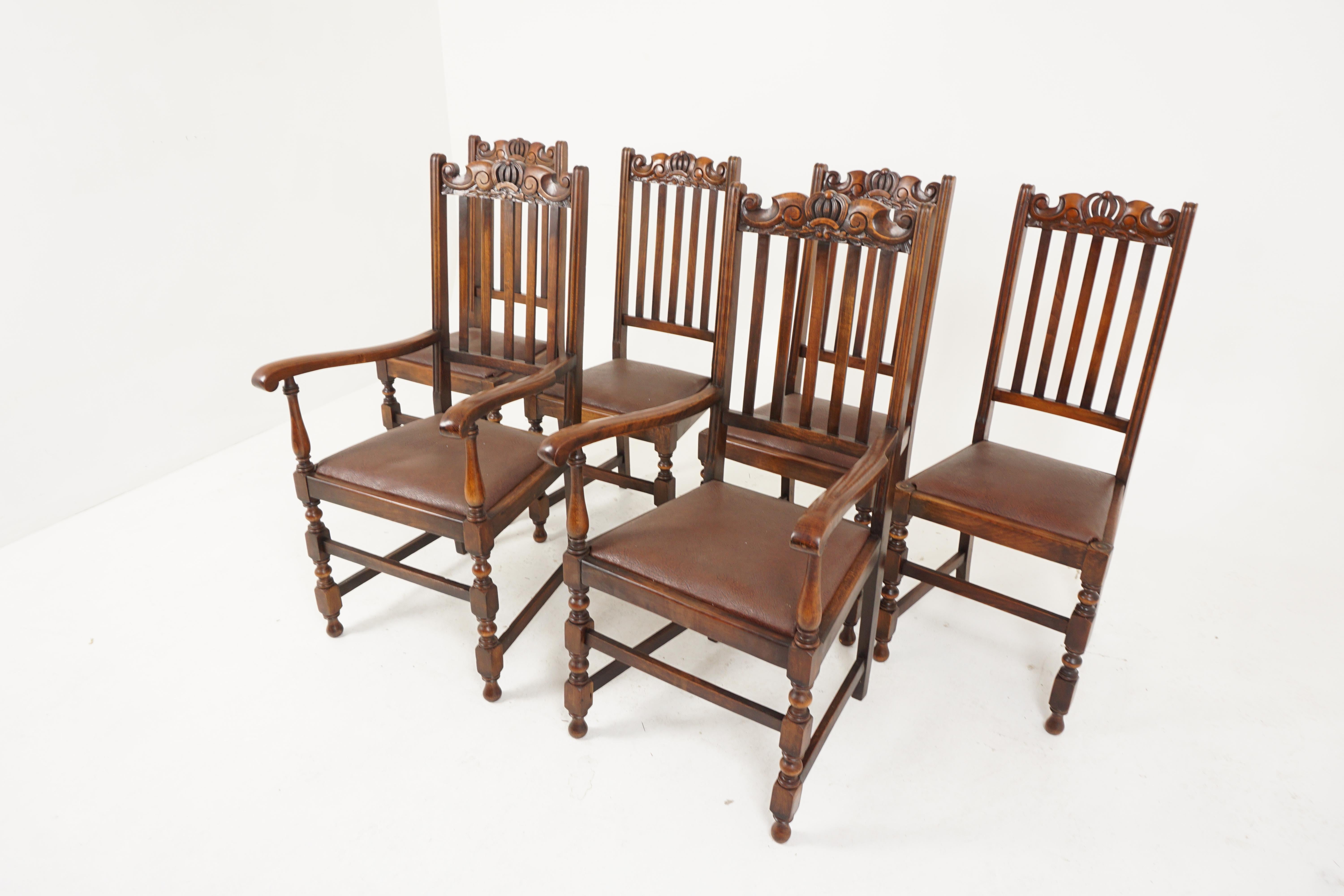 Antique dining chair, set of 6, carved oak, turned legs, Scotland 1920, B2674

Scotland 1920
Solid oak
Original finish
Carved top rail 
Five vertical slats
Lift out vinyl covered seats
Standing on turned legs to the front
With 3 stretchers