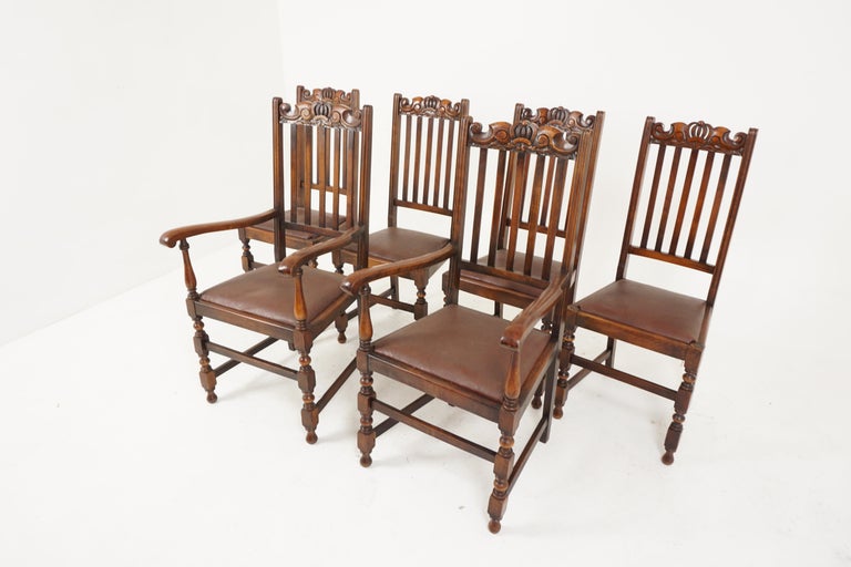 Antique Dining Chair, Set of 6, Carved Oak, Turned Legs, Scotland 1920