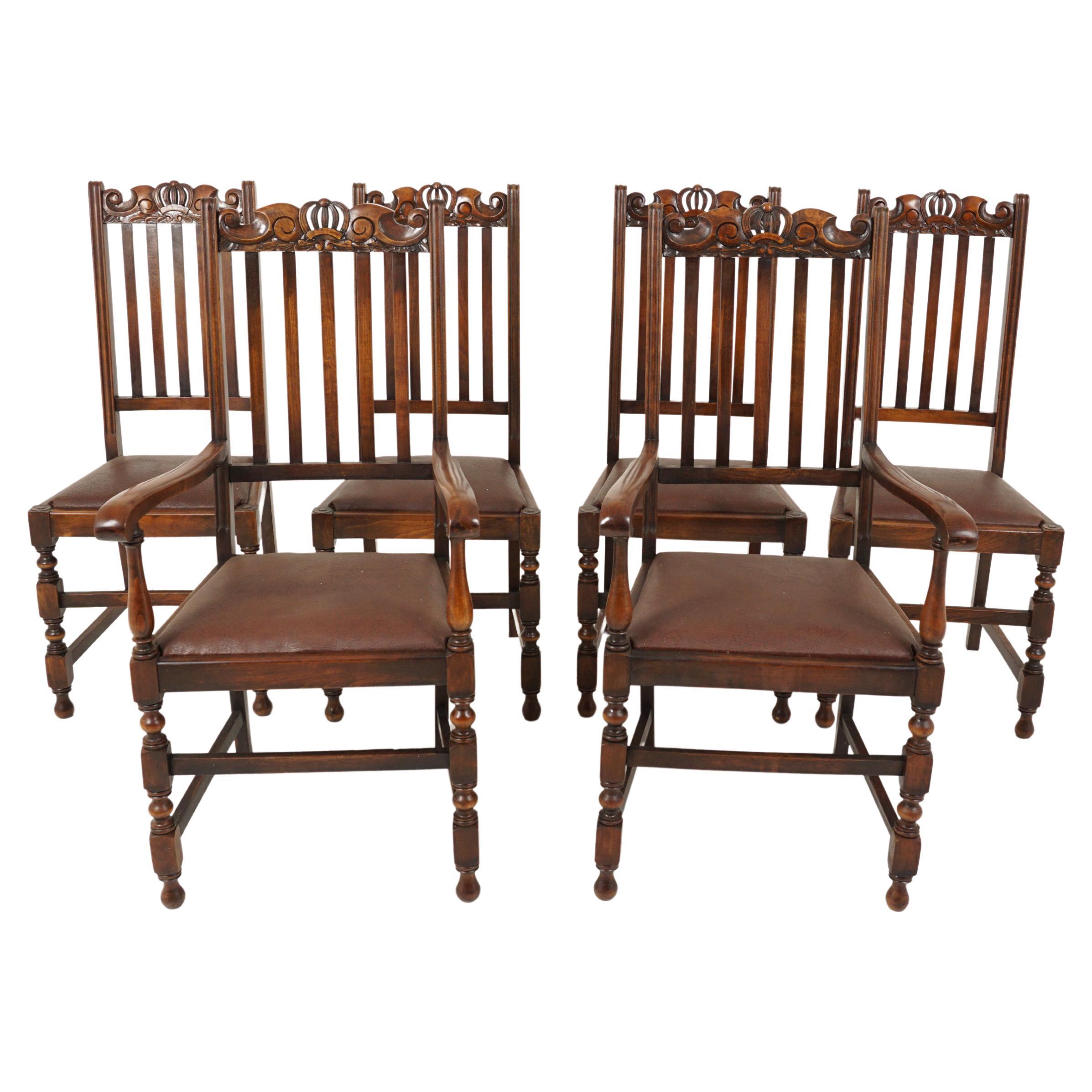 Antique Dining Chair, Set of 6, Carved Oak, Turned Legs, Scotland 1920, B2674