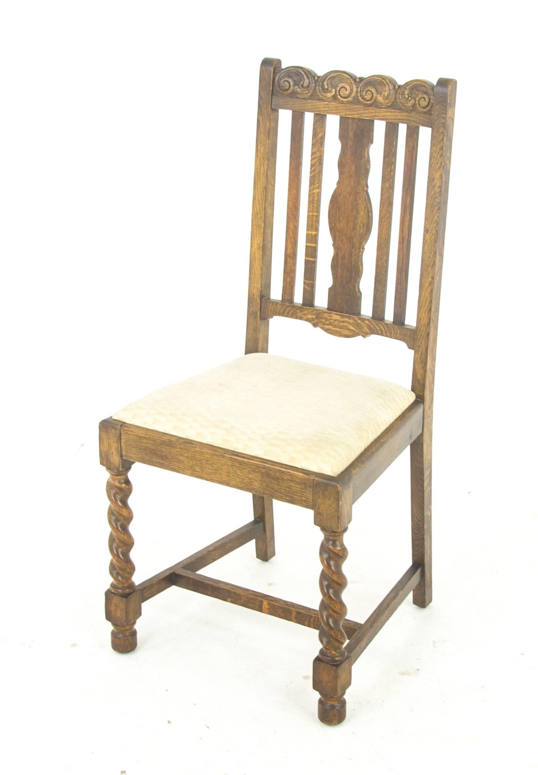 Scottish Antique Dining Chairs Six, Barley Twist Oak, Antique Furniture, Scotland, 1920s