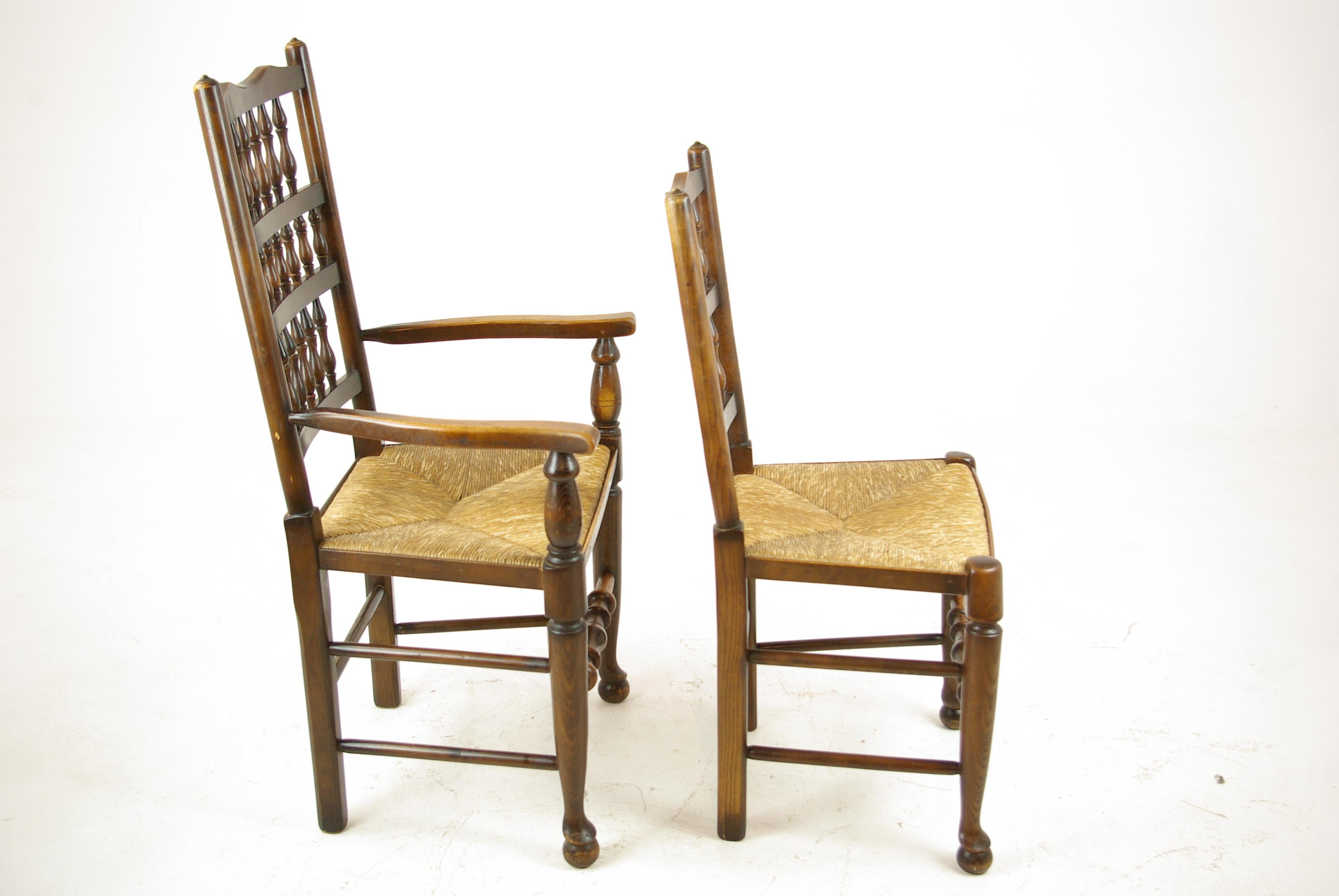 Antique dining chairs, country rush chairs, 6+2 chairs, Scotland, 1900, Antique Furniture, B1252

Scotland, 1900
Solid elm construction with rush woven seats
Original finish
Shaped top rails
Open spindle back
Raised on turned forelegs, with