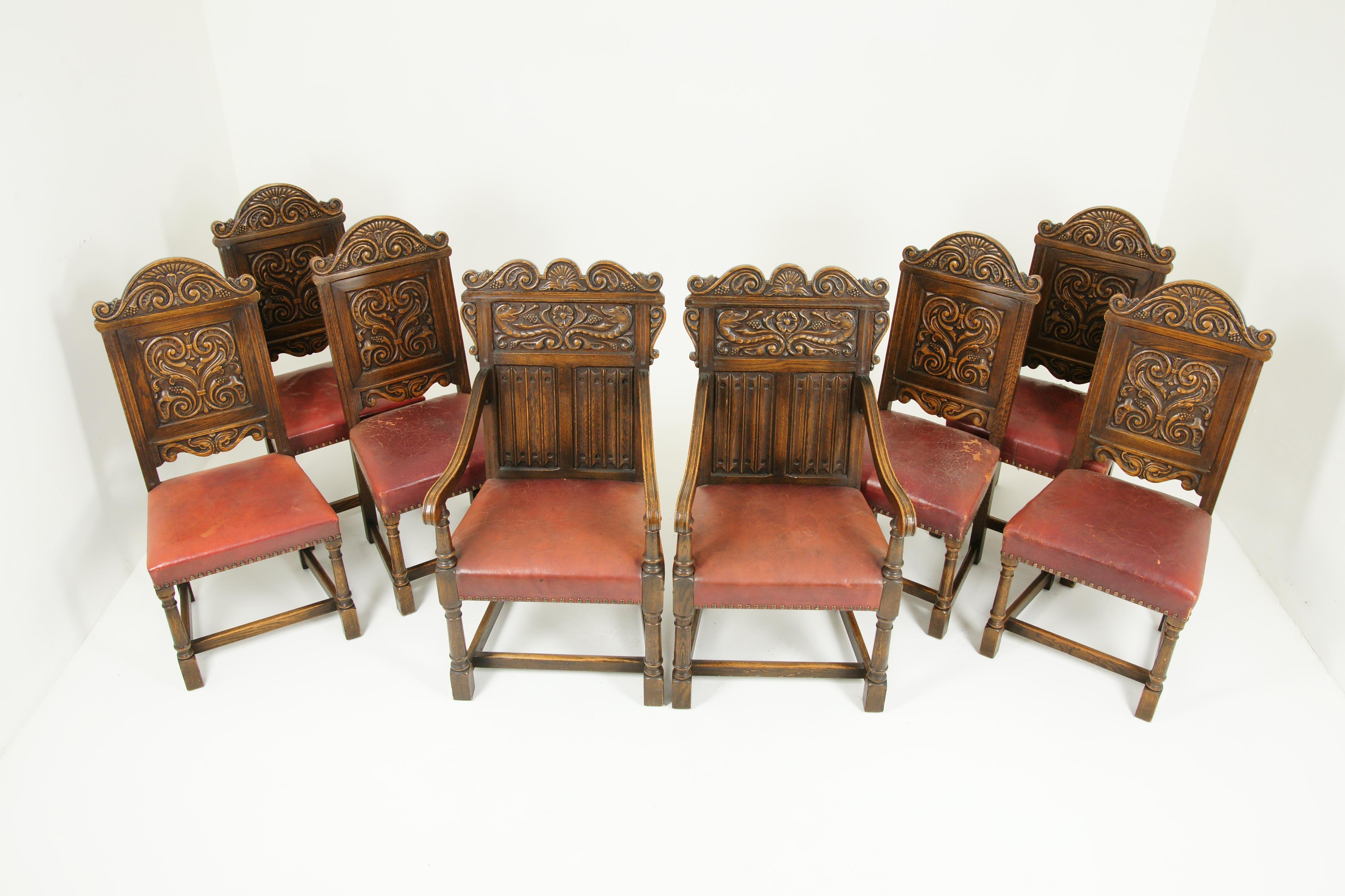 Antique dining chairs, Renaissance Revival chairs, oak, Krug of Kitchener, Canada 1930, Antique Furniture, B1523

Canada, 1930s
Solid oak construction
Original finish
Carved upper back with carved panel below
Original leather upholstered seat