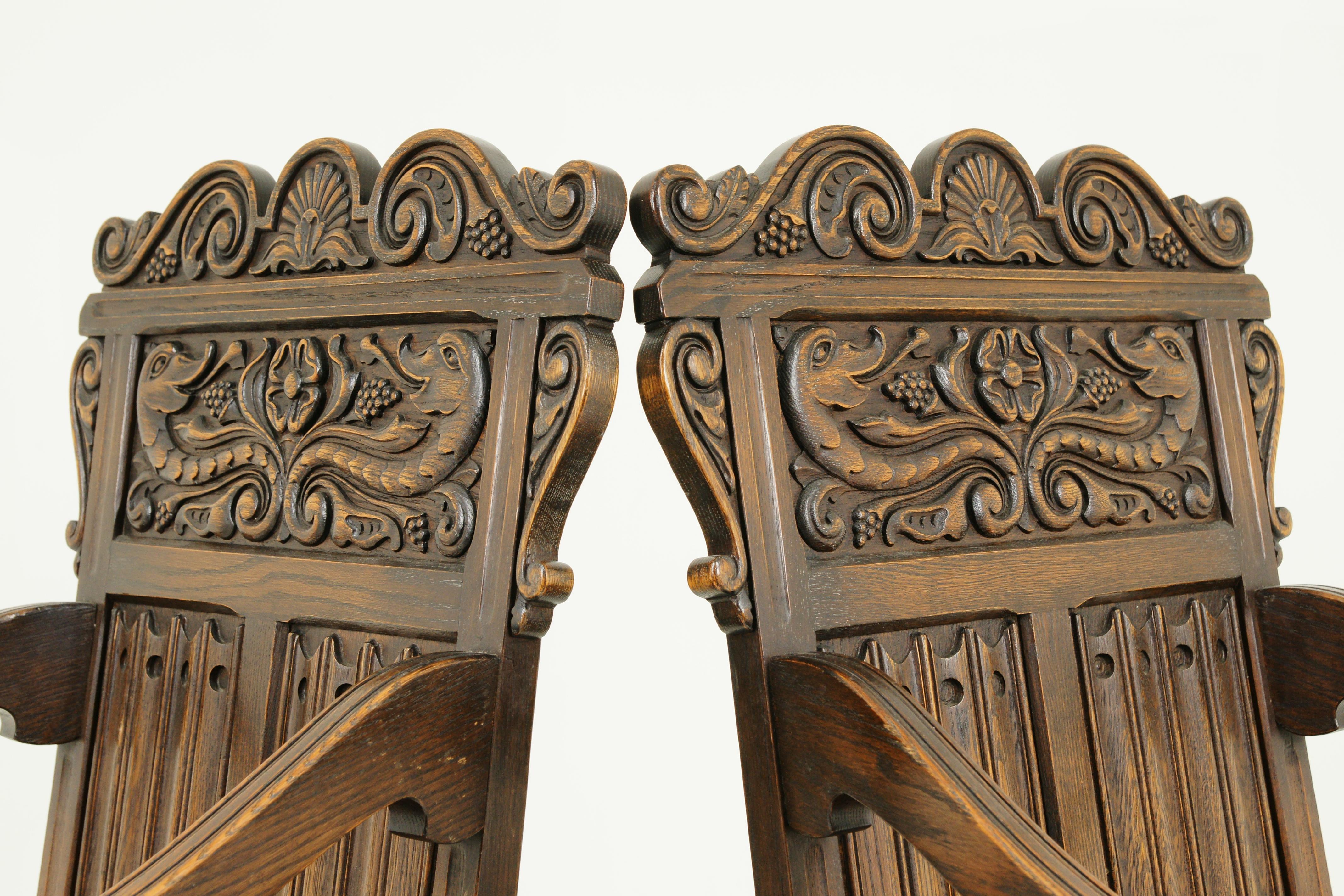 Hand-Carved Antique Dining Chairs, Renaissance Revival, Oak Chairs, Krug, Canada 1930, B1523