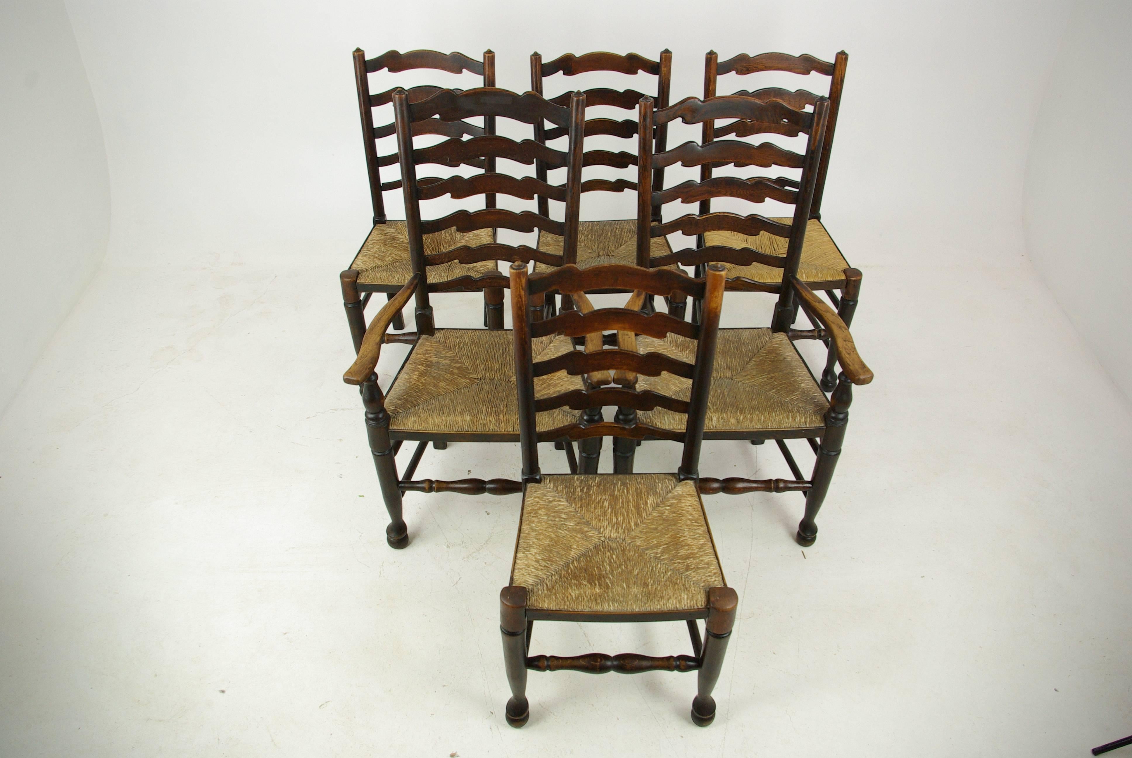 Antique dining chairs, farmhouse rush chairs, six chairs, Scotland, 1930, antique furniture, B1014

Scotland, 1930
Solid ash and elm construction
Original finish
Ladder Back Farmhouse Chairs
Shaped top rails with finials
Graduated wavy shaped