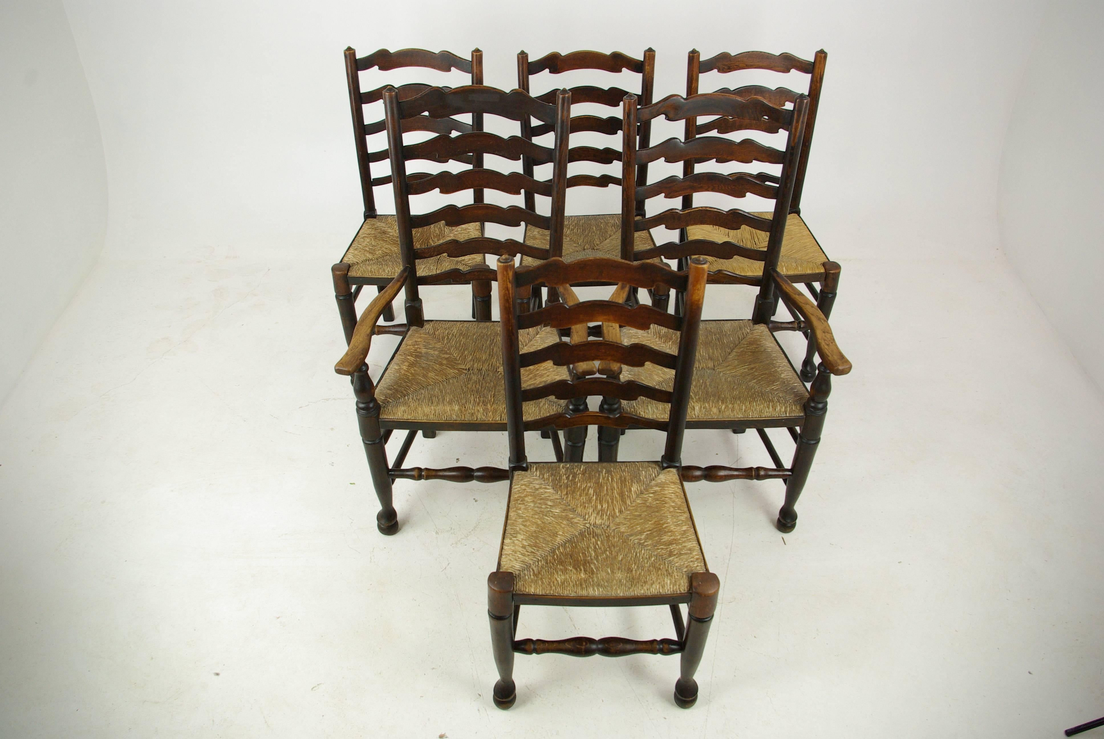 Antique dining chairs:: farmhouse rush chairs:: six chairs:: Scotland:: 1930:: antique furniture:: B1014

Scotland:: 1930
Solid ash and elm construction
Original finish
Ladder Back Farmhouse Chairs
Shaped top rails with finials
Graduated wavy shaped