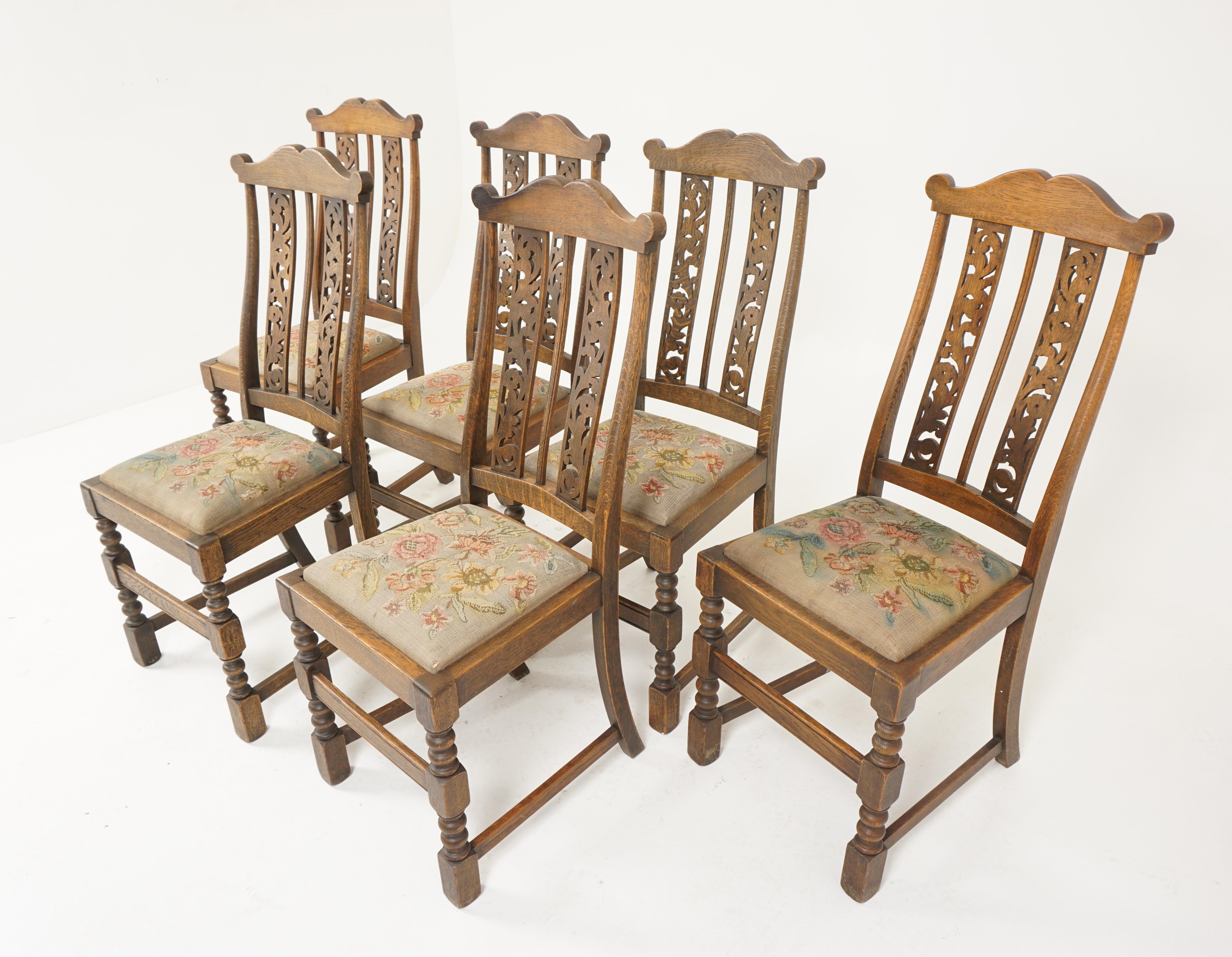 Antique dining chairs, set of 6, oak chairs, Scotland 1920, B2863

Scotland 1920
Solid oak
Original finish
Shaped top rail
Pair of fretwork slats to the shaped back
Lift out seat below
Standing on bobbin front legs with three stretchers