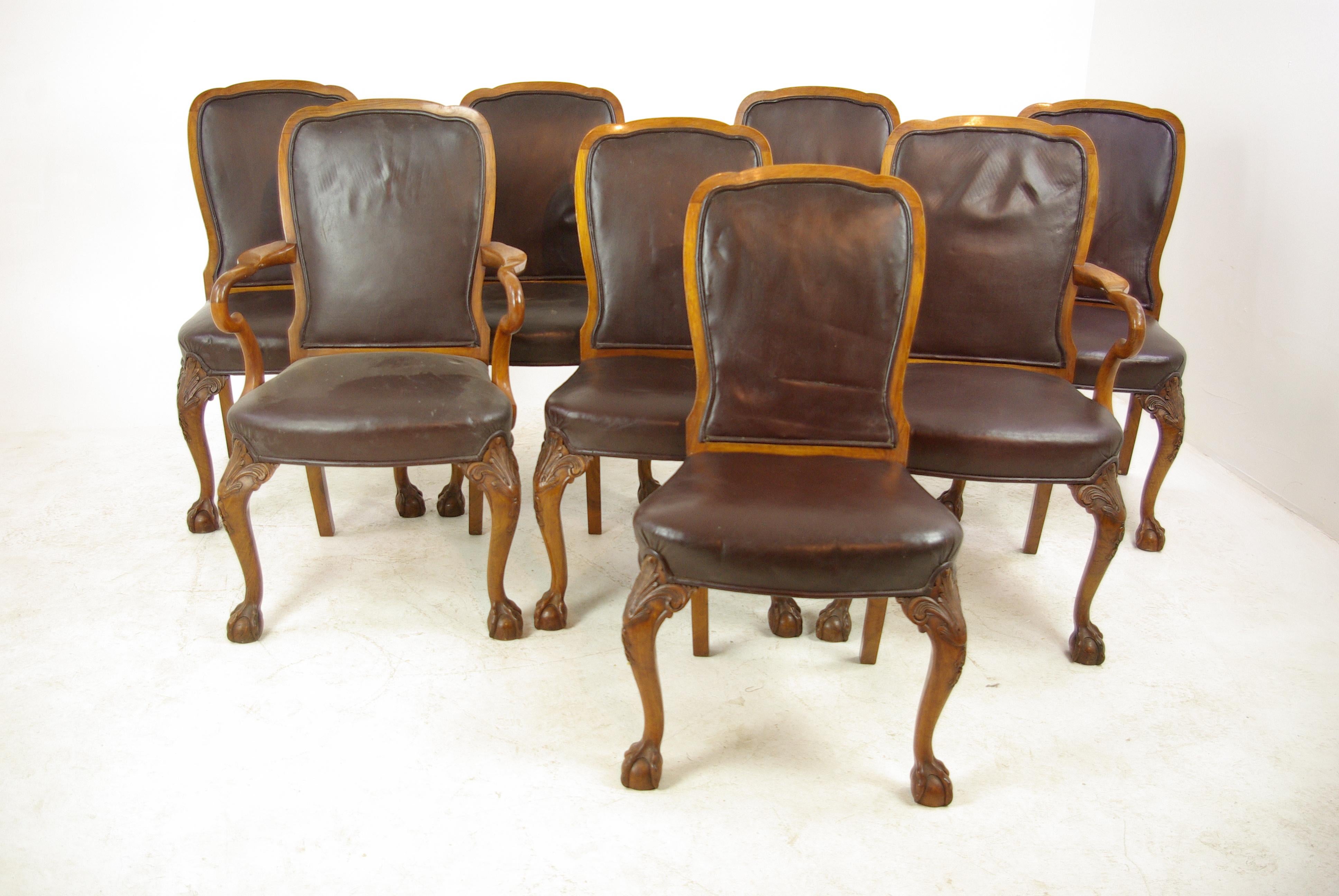 Antique dining chairs, walnut, leather seats, Scotland 1930, Antique Furniture, B1348

Scotland, 1930
Solid walnut with original finish
Shaped back with leather insert,
Upholstered bow front leather seat
Carved knees ending on ball and claw