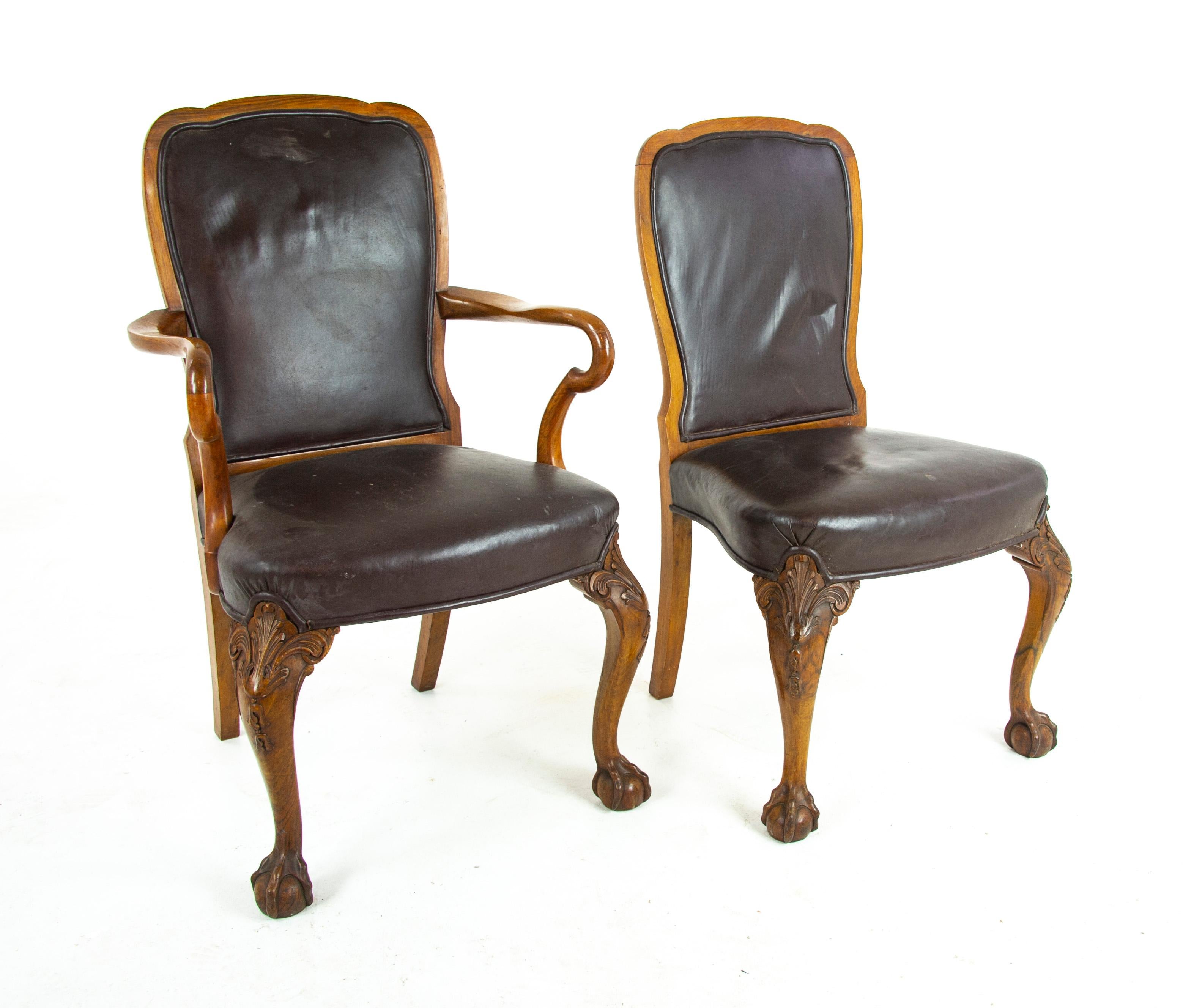 Hand-Crafted Antique Dining Chairs, Walnut, Leather Seats, Scotland 1930, B1348