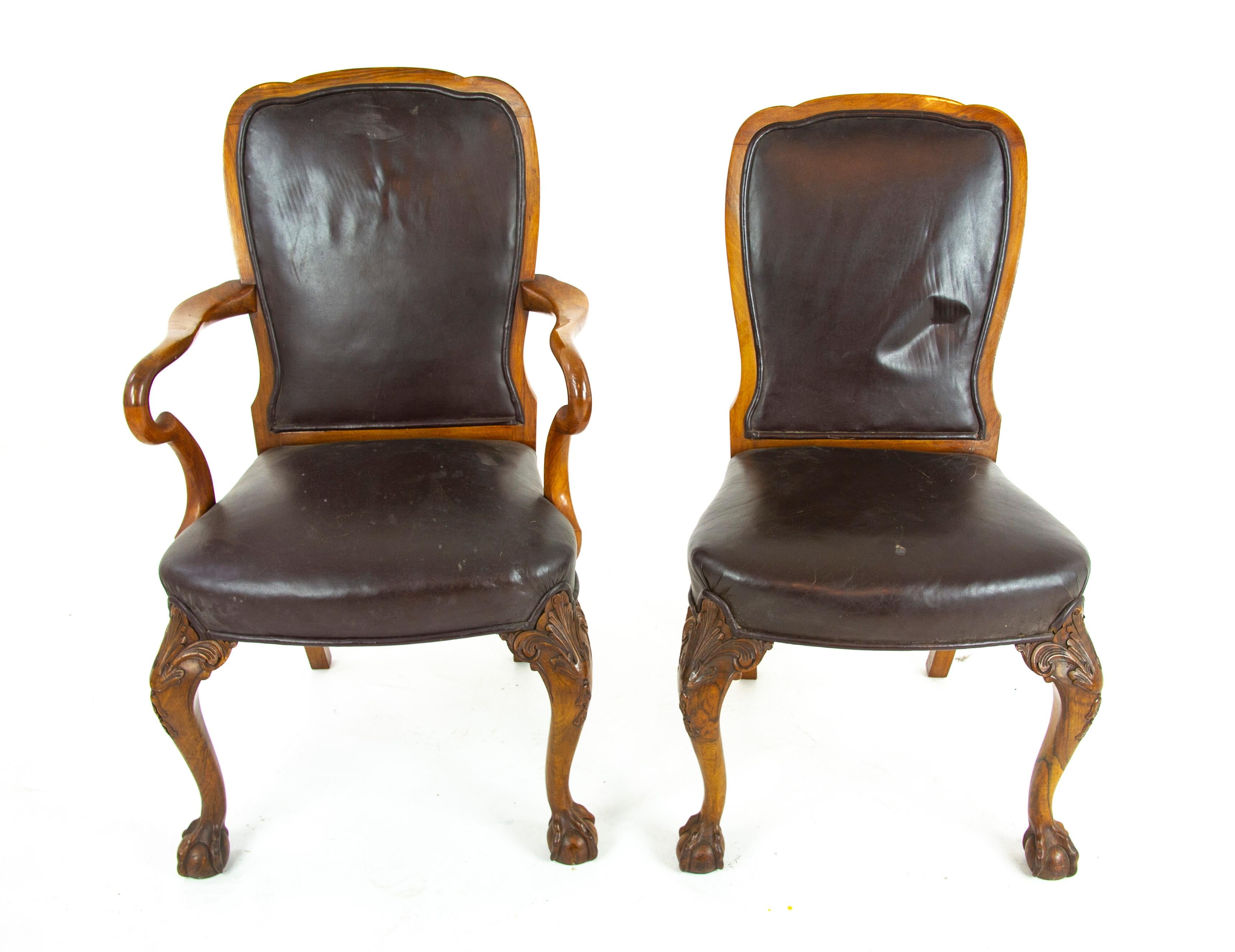 Antique Dining Chairs, Walnut, Leather Seats, Scotland 1930, B1348 In Good Condition In Vancouver, BC