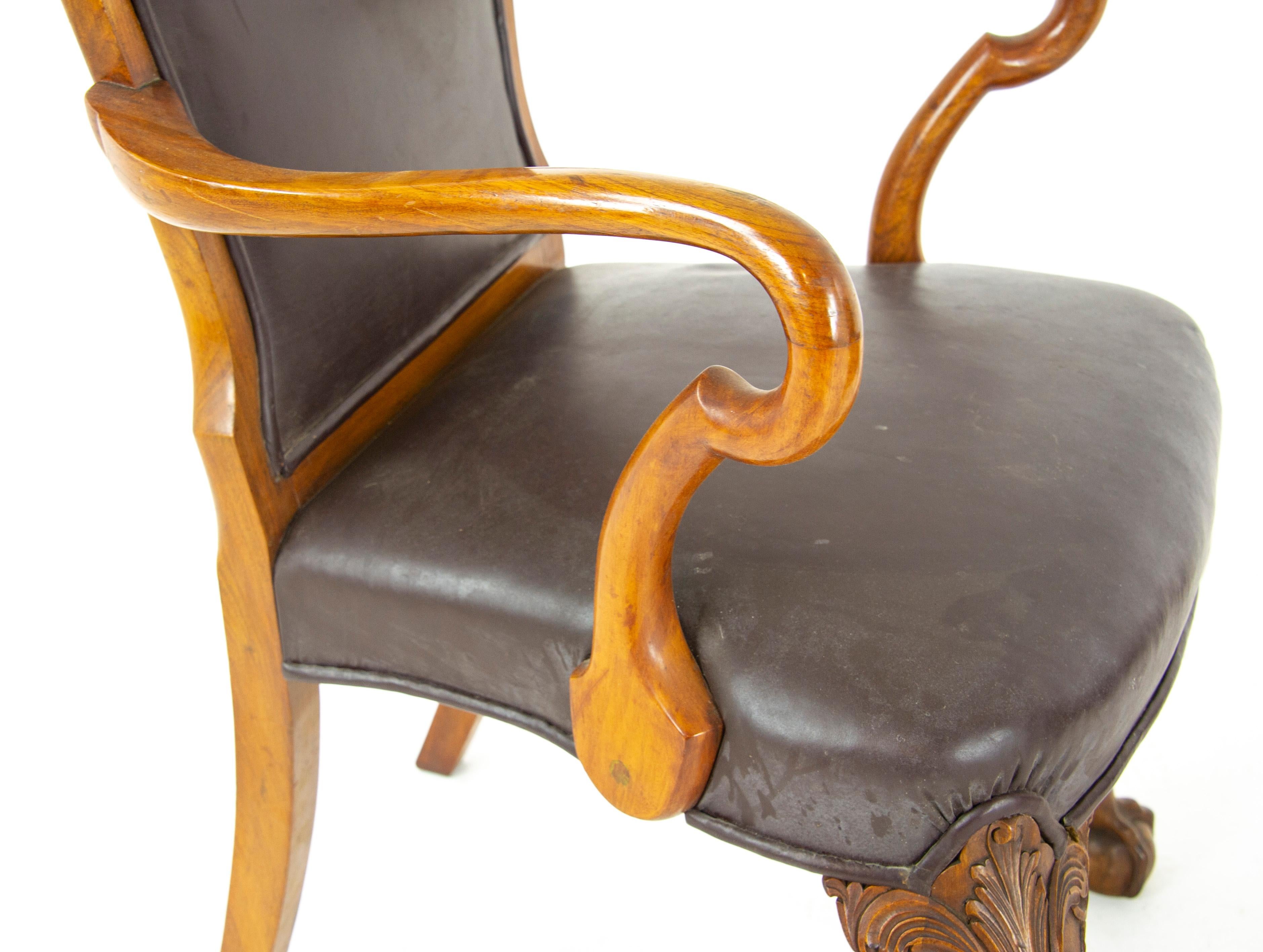 Antique Dining Chairs, Walnut, Leather Seats, Scotland 1930, B1348 4
