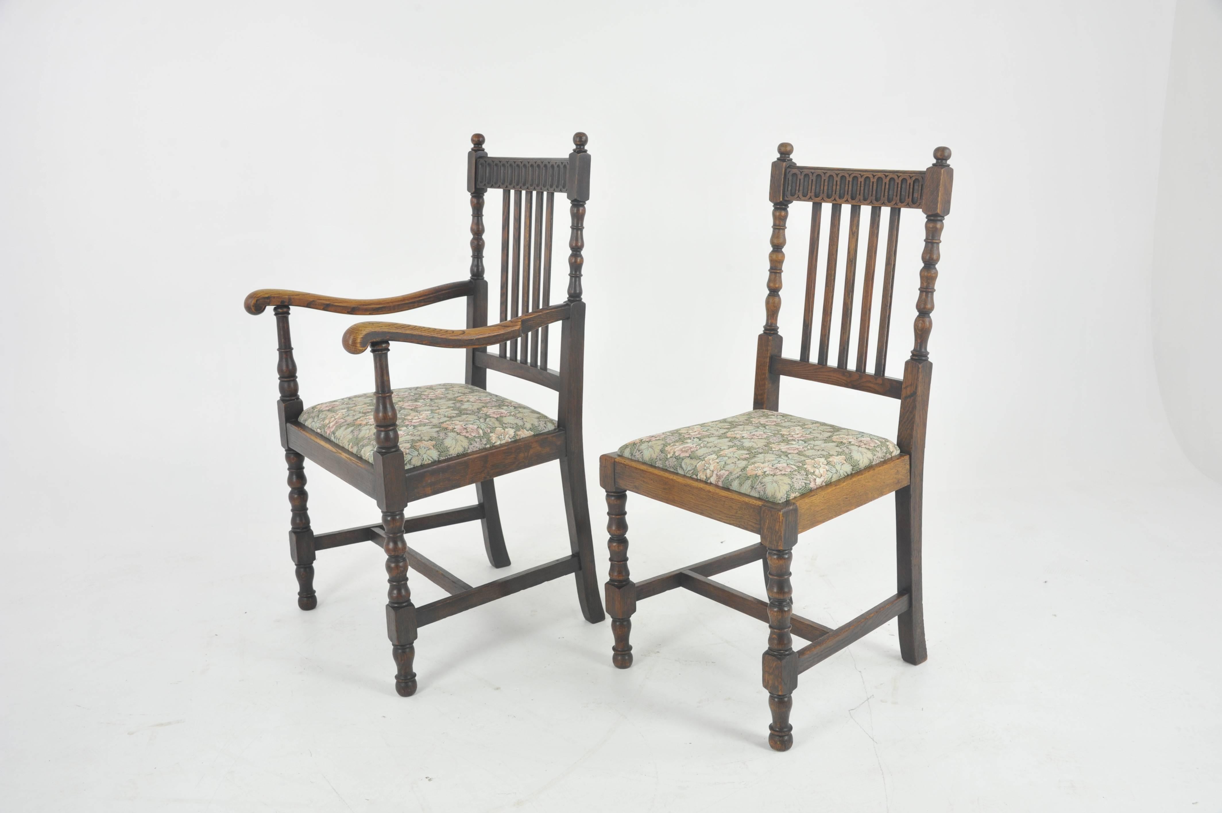 Antique dining chairs, eight high back chairs, oak, France, 1900

France, 1900
Solid oak construction
Original finish
Carved top rail
Shaped turned uprights
Drop in seats with good quality fabric
Ending on turned supports with stretchers
Nice color