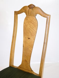 Antique dining room chairs in light birch wood with green fabric Rococo 1920