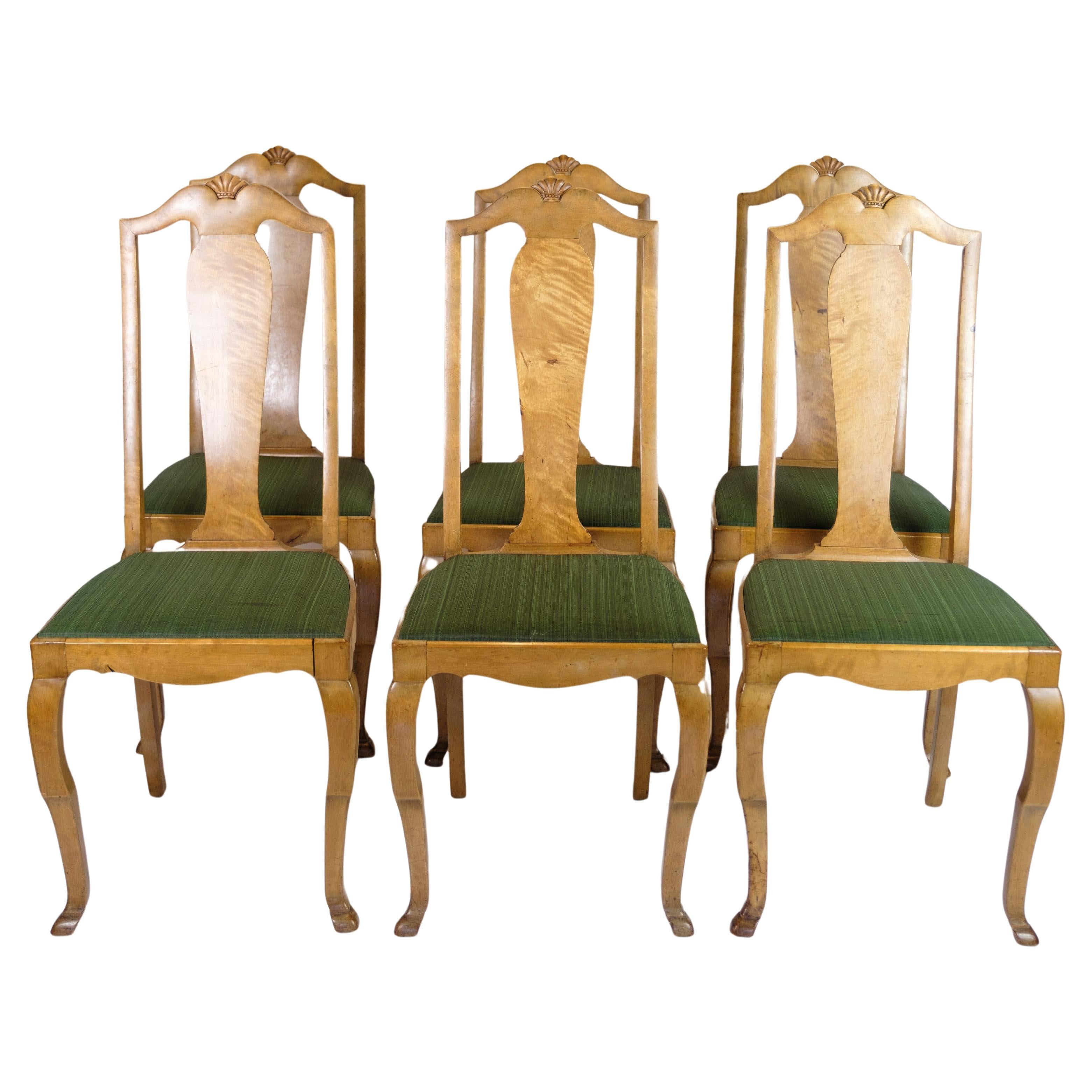 Antique dining room chairs in light birch wood with green fabric Rococo 1920