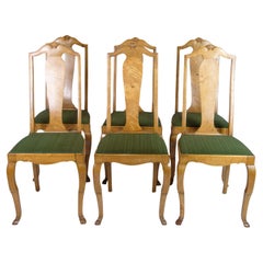 Chaises de salle à manger antiques en bois de bouleau clair avec tissu vert Rococo 1920
