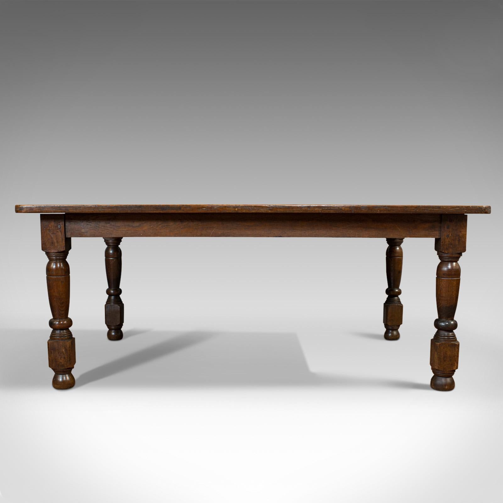 This is an antique dining table. An English, oak 6 seat centre table of country house proportion, dating to the late Victorian period, circa 1900.

Of useful size and with quality parquetry finish
Displays a desirable aged patina
Select oak