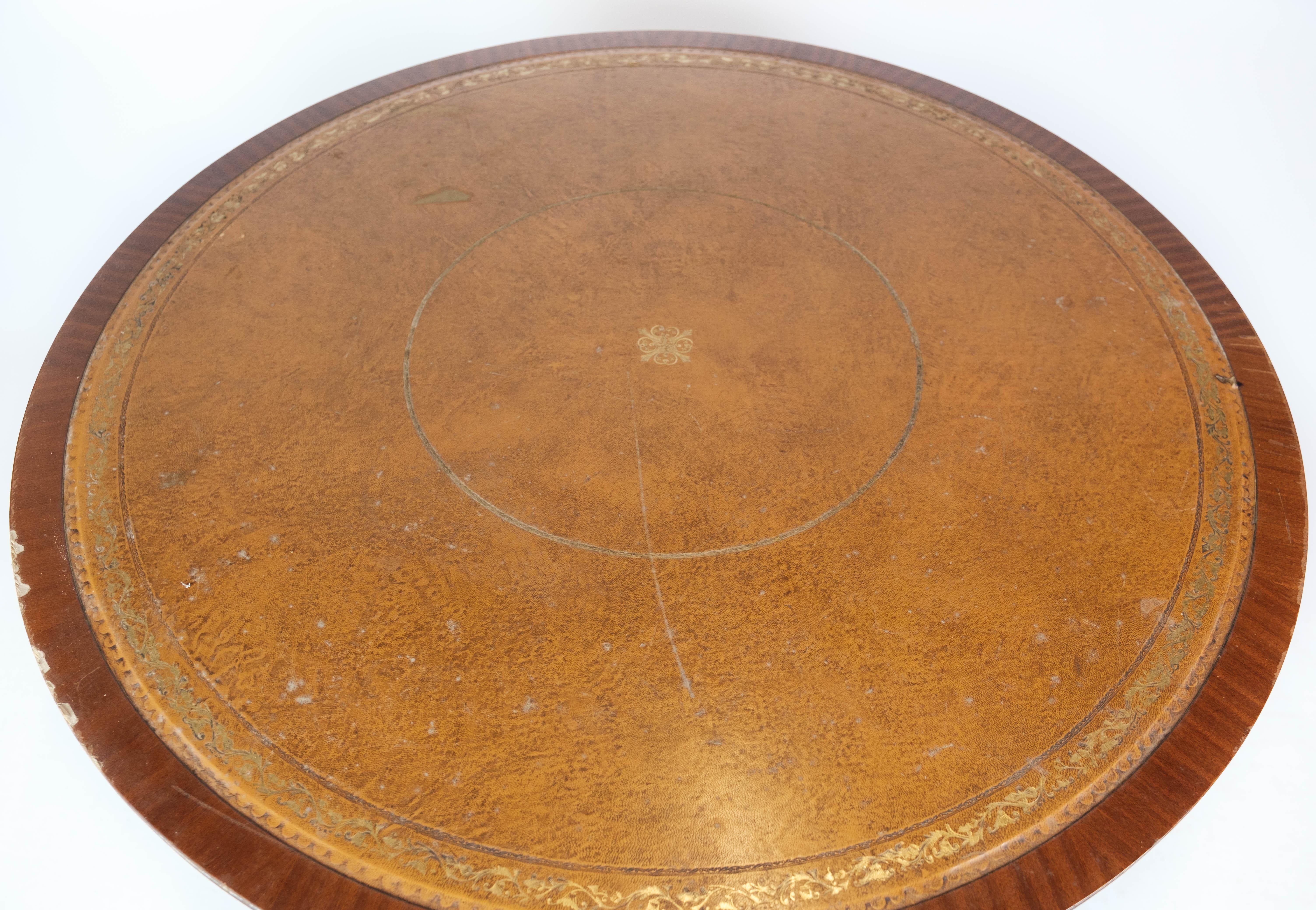 Danish Antique Dining Table in Mahogany with Inlaid Wood and Leather, 1920s For Sale