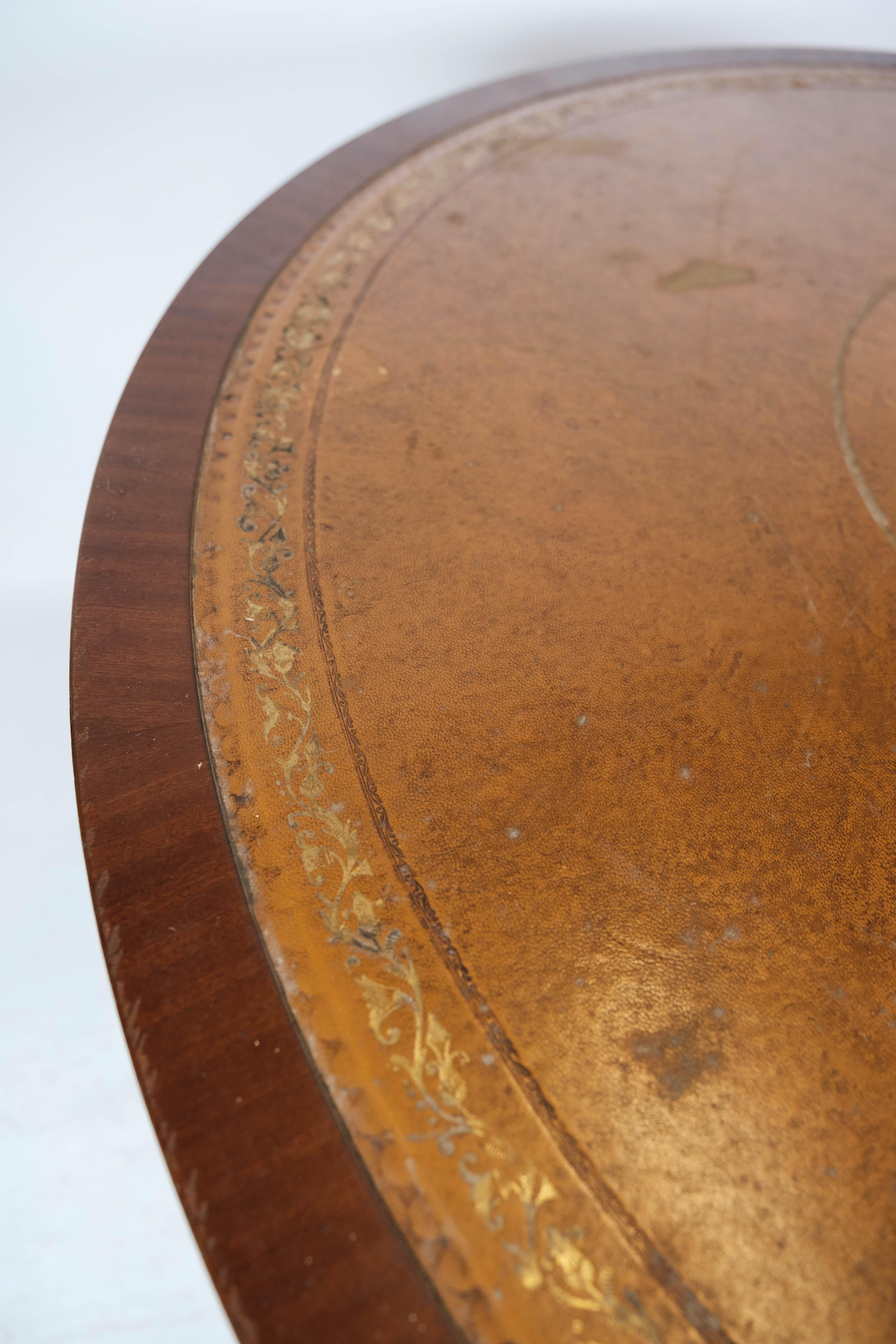 Antiker Esstisch aus Mahagoni mit Intarsien aus Holz und Leder, 1920er Jahre im Angebot 2