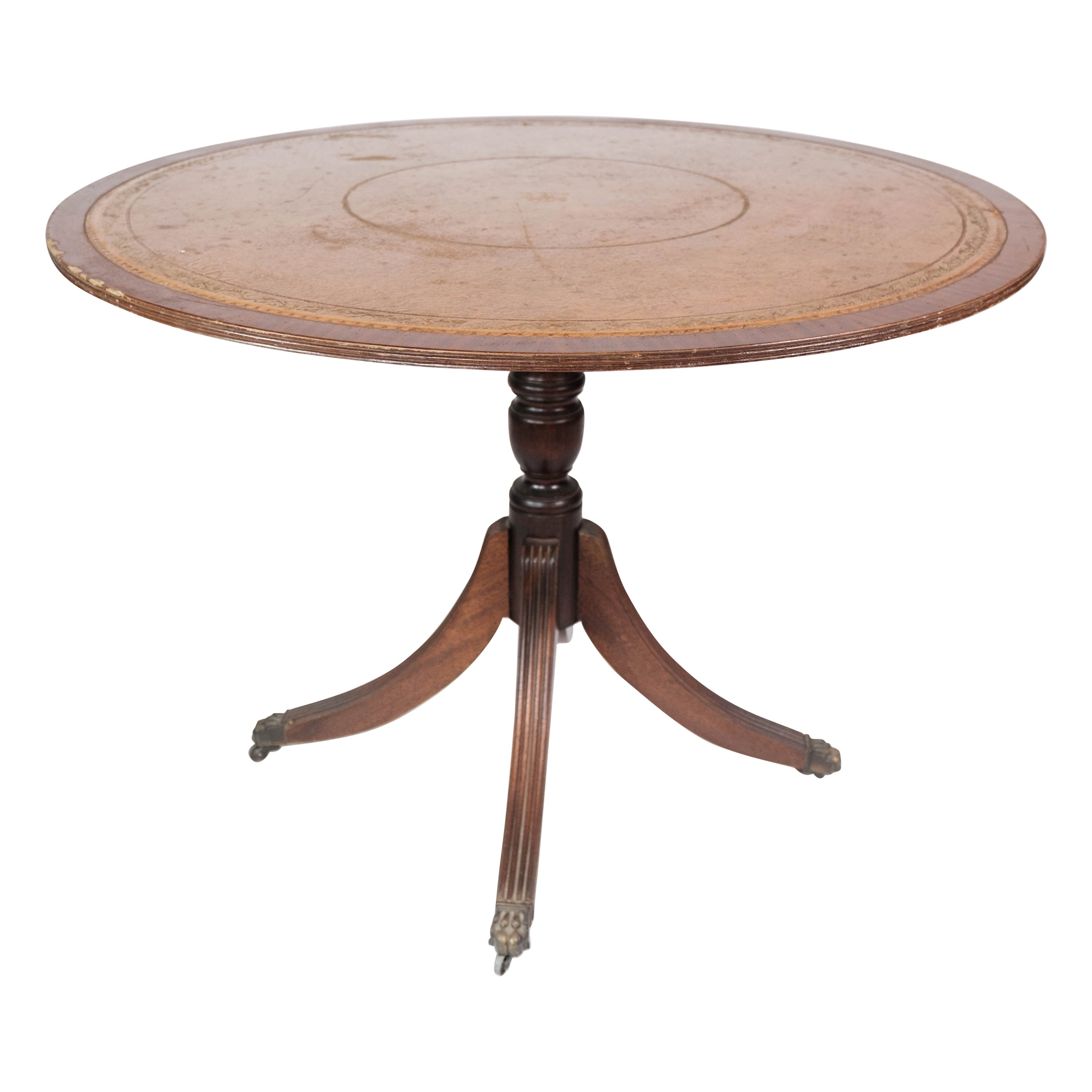 Antique Dining Table Made In Mahogany With Inlaid Wood & Leather From 1920s