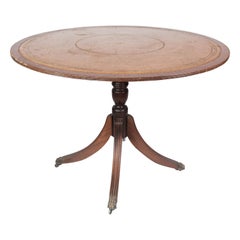 Antique Dining Table Made In Mahogany With Inlaid Wood & Leather From 1920s