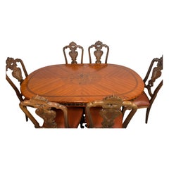 Antique Dining Table Set, Marquetry Oval Table with Chairs, Louis XV Style