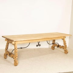 Antique Dining Table with Carved Legs and Scrolled Iron Base from Spain