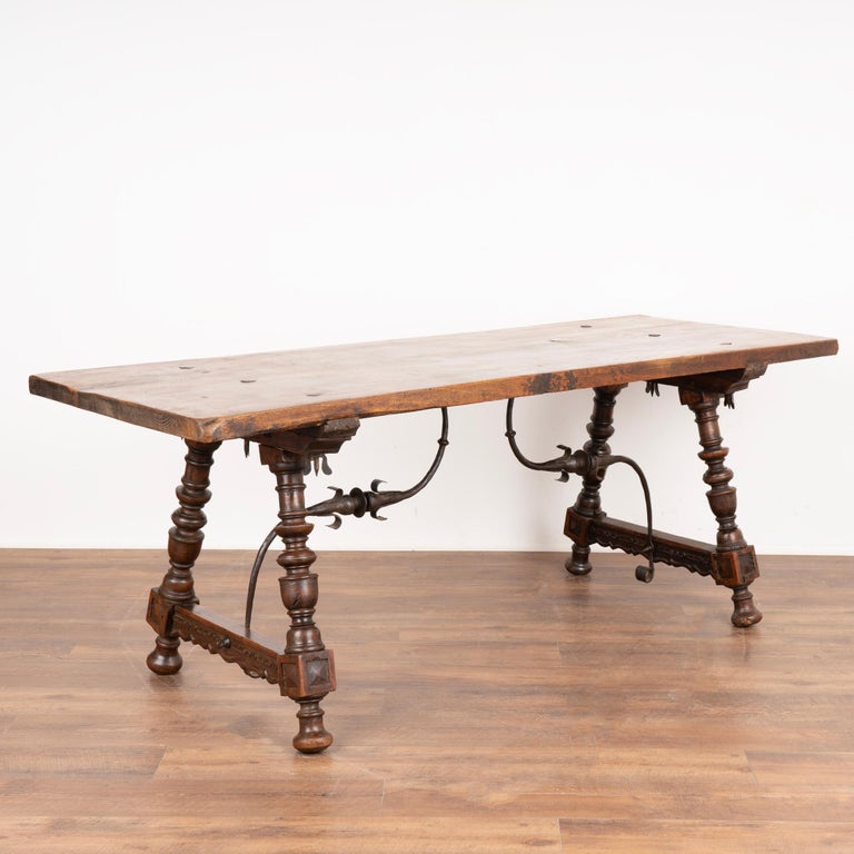 Antique Dining Table with Turned Legs and Scrolled Iron Stretcher from ...