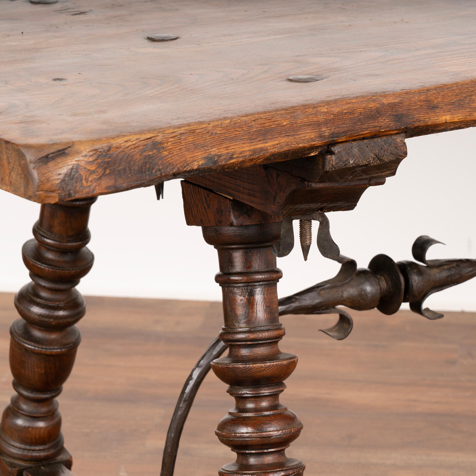 19th Century Antique Dining Table with Turned Legs and Scrolled Iron Stretcher from Spain