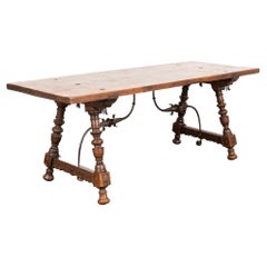 Antique Dining Table with Turned Legs and Scrolled Iron Stretcher from Spain