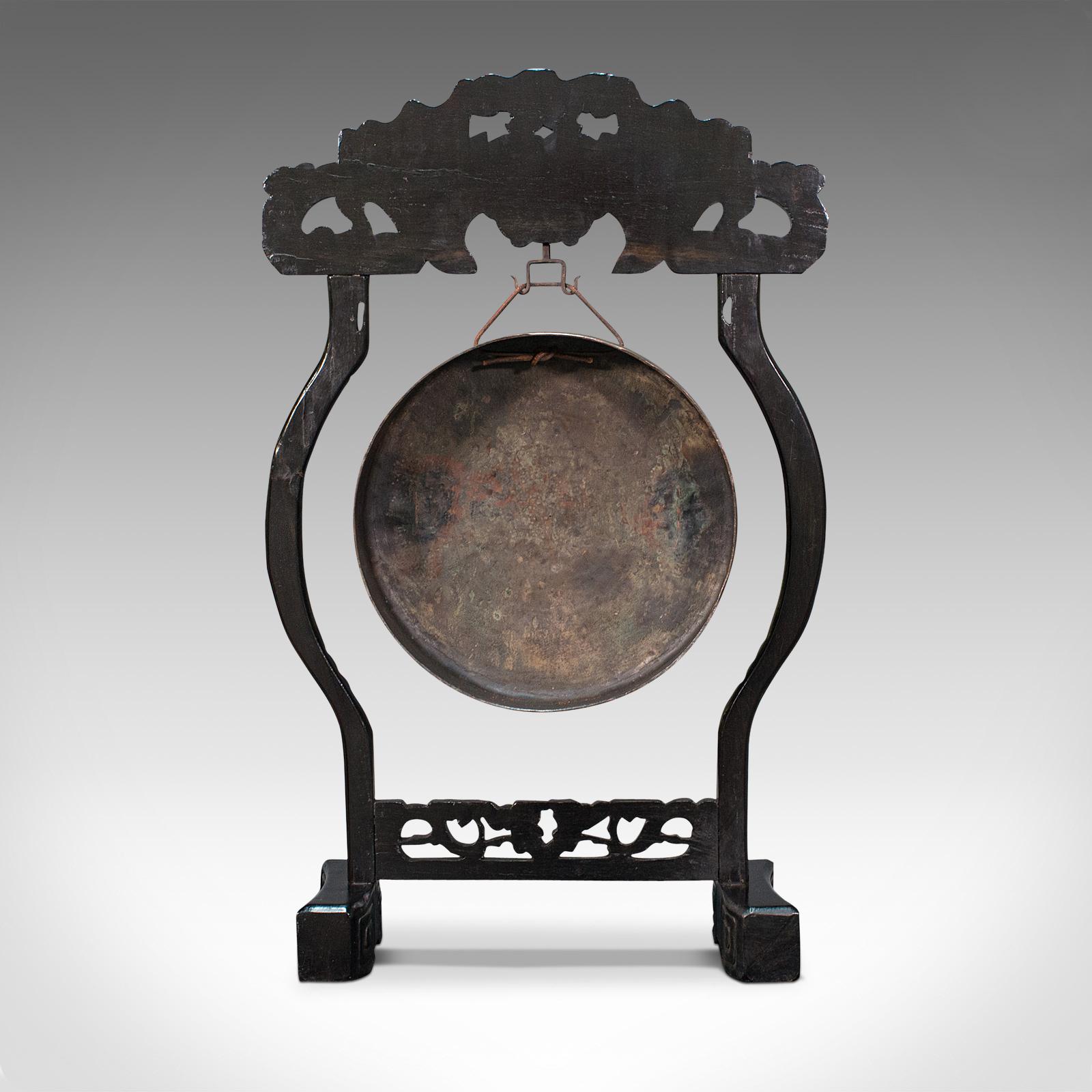 Antique Dinner Gong, Oriental, Ebonised Teak Stand, Chinoiserie, Victorian, 1880 2