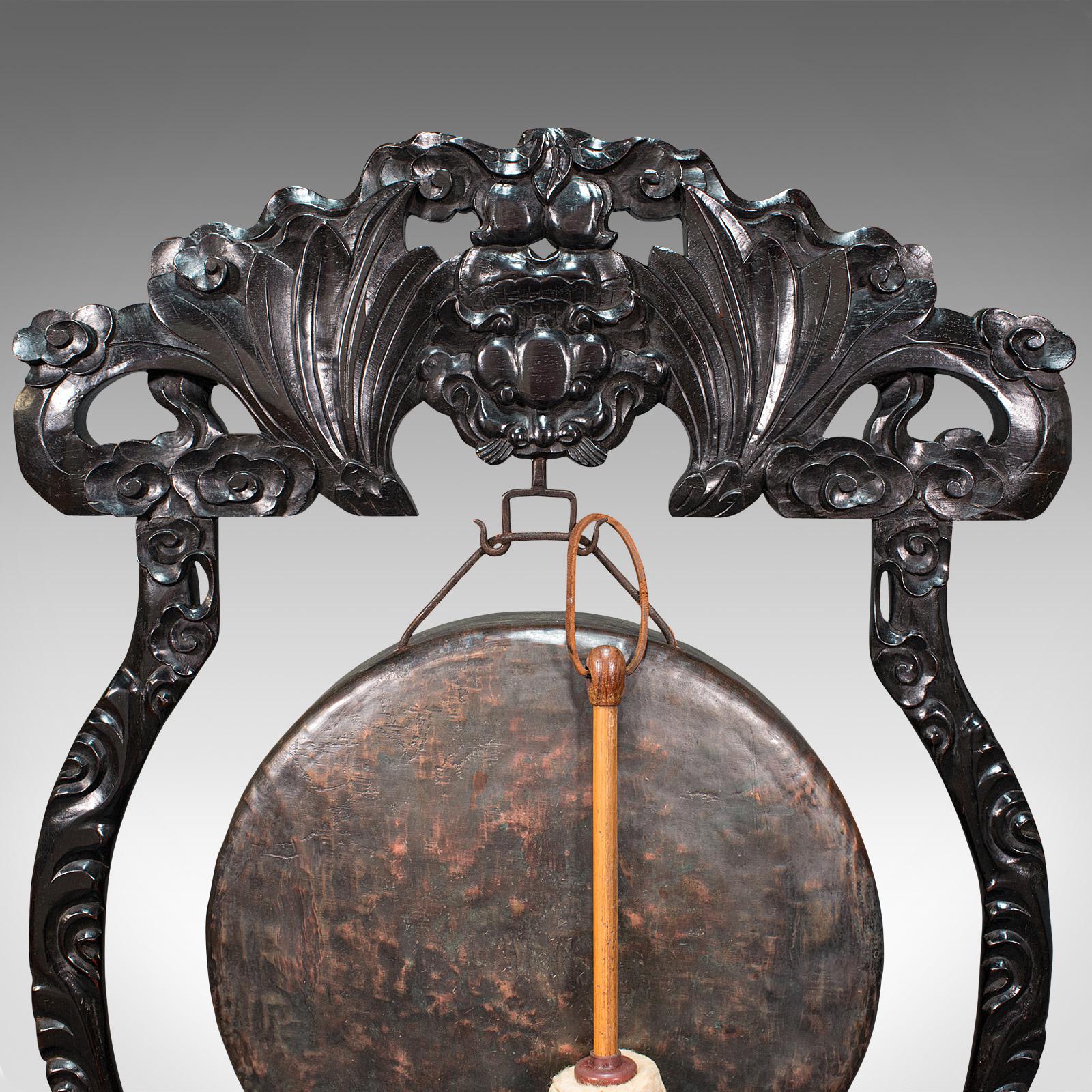 Antique Dinner Gong, Oriental, Ebonised Teak Stand, Chinoiserie, Victorian, 1880 3