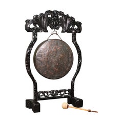 Antique Dinner Gong, Oriental, Ebonised Teak Stand, Chinoiserie, Victorian, 1880