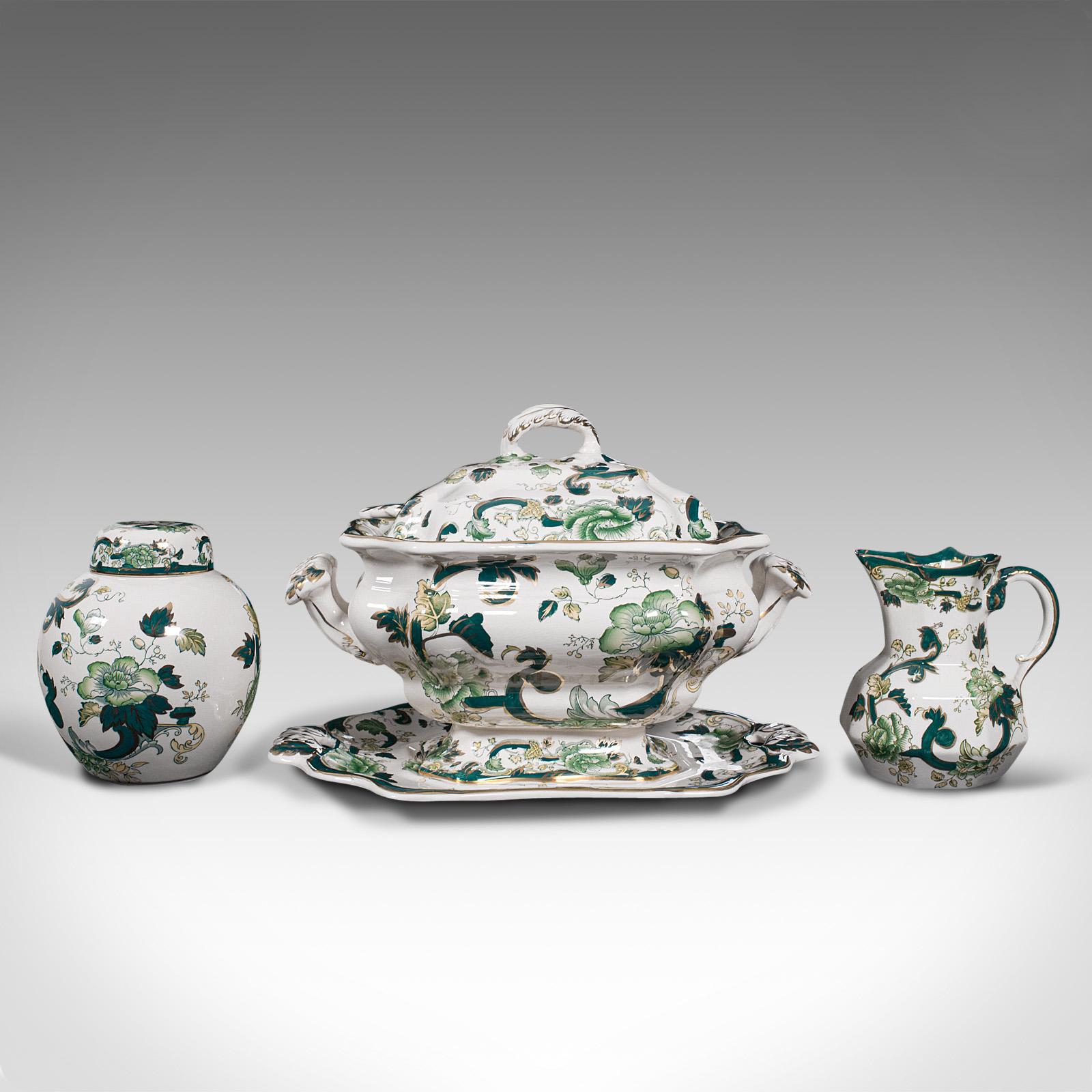 This is an antique dinner service set. An English, ceramic tureen on tray with pot and jug by Mason, dating to the early 20th century, circa 1920.

Comprehensive five piece set with wonderful colour and detail
Attractive and striking, this