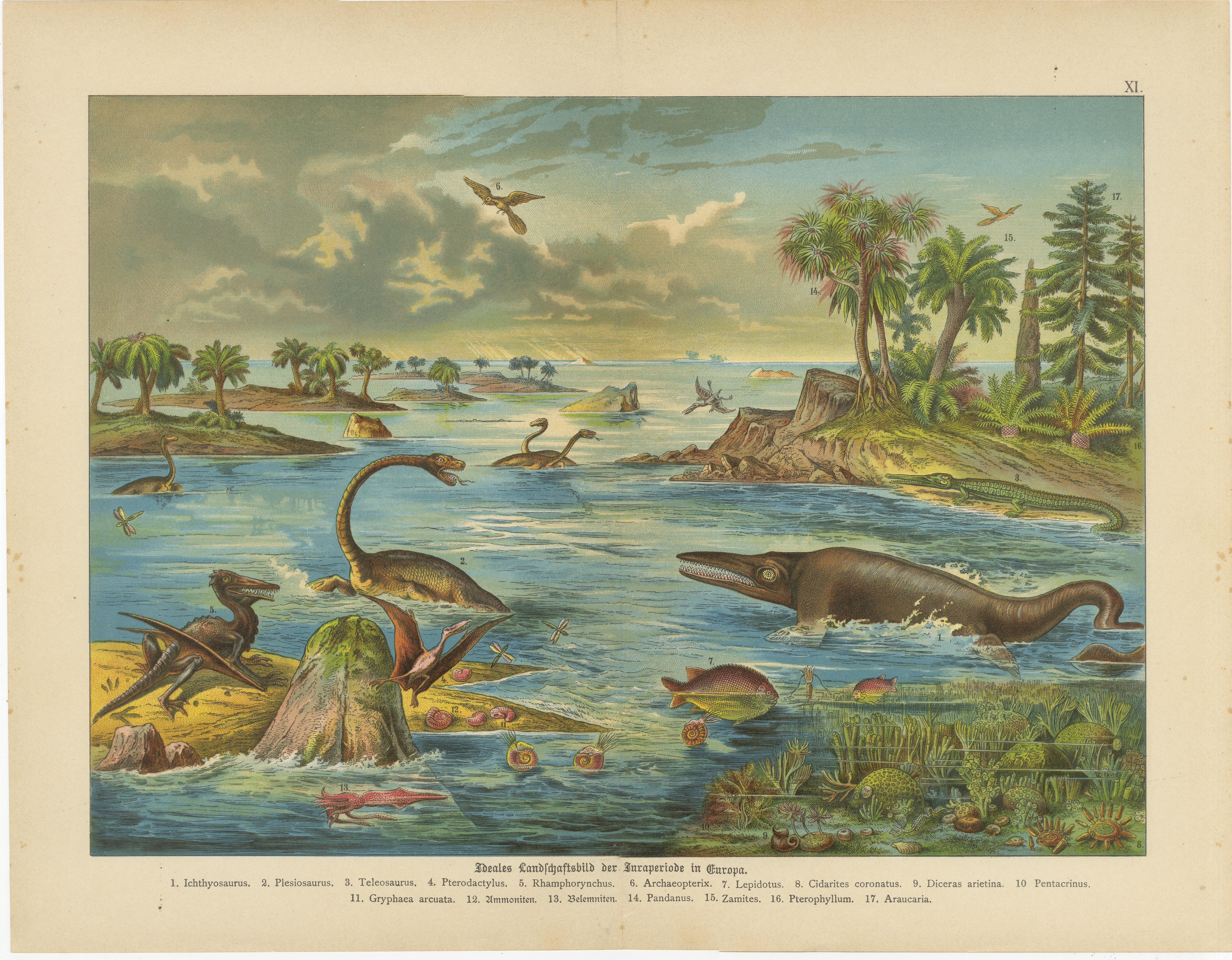 Tedesco Antiche cromolitografie di dinosauri - Paesaggi giurassici e cretacei, 1880 ca. in vendita
