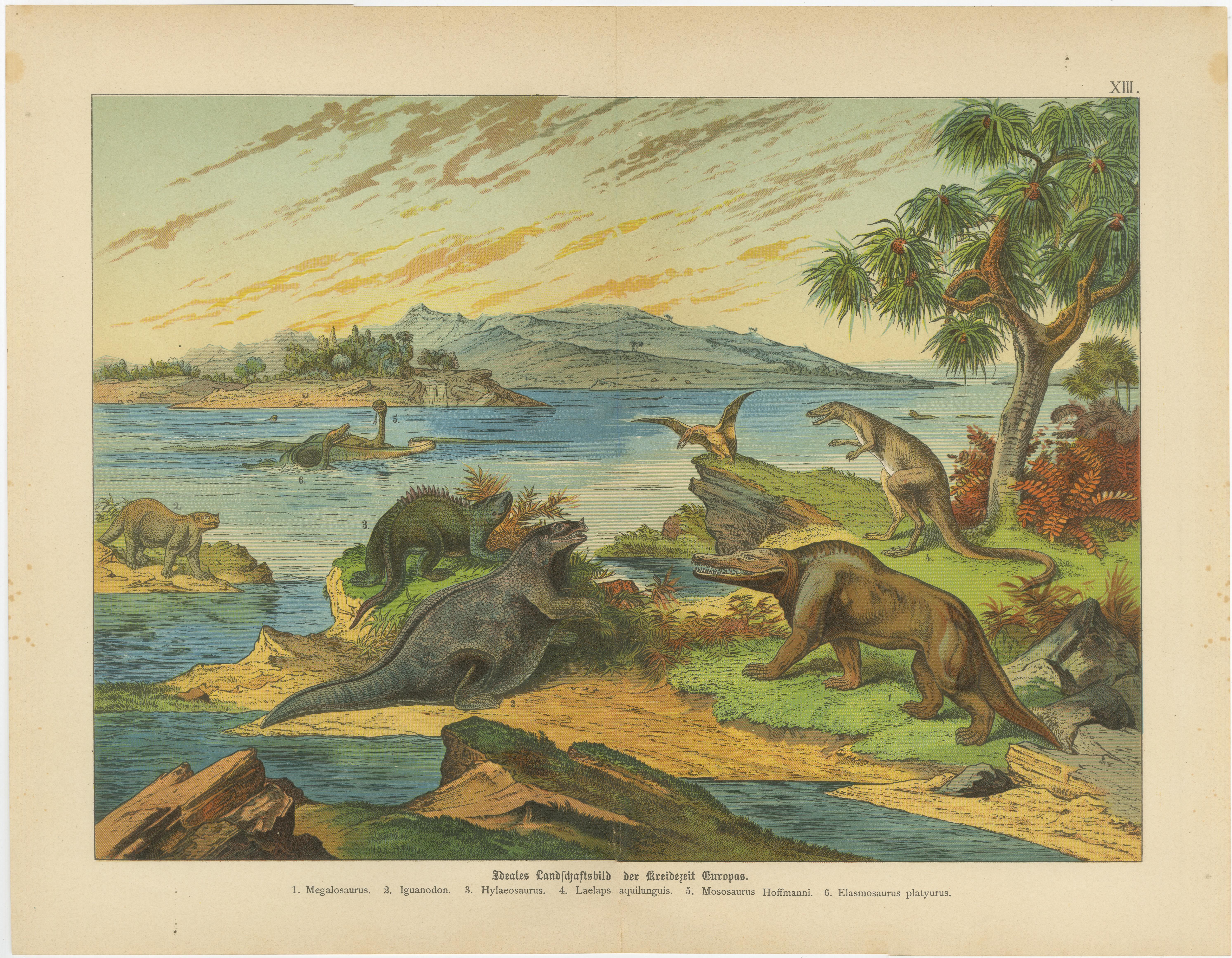 Antiche cromolitografie di dinosauri - Paesaggi giurassici e cretacei, 1880 ca. In condizioni buone in vendita a Langweer, NL