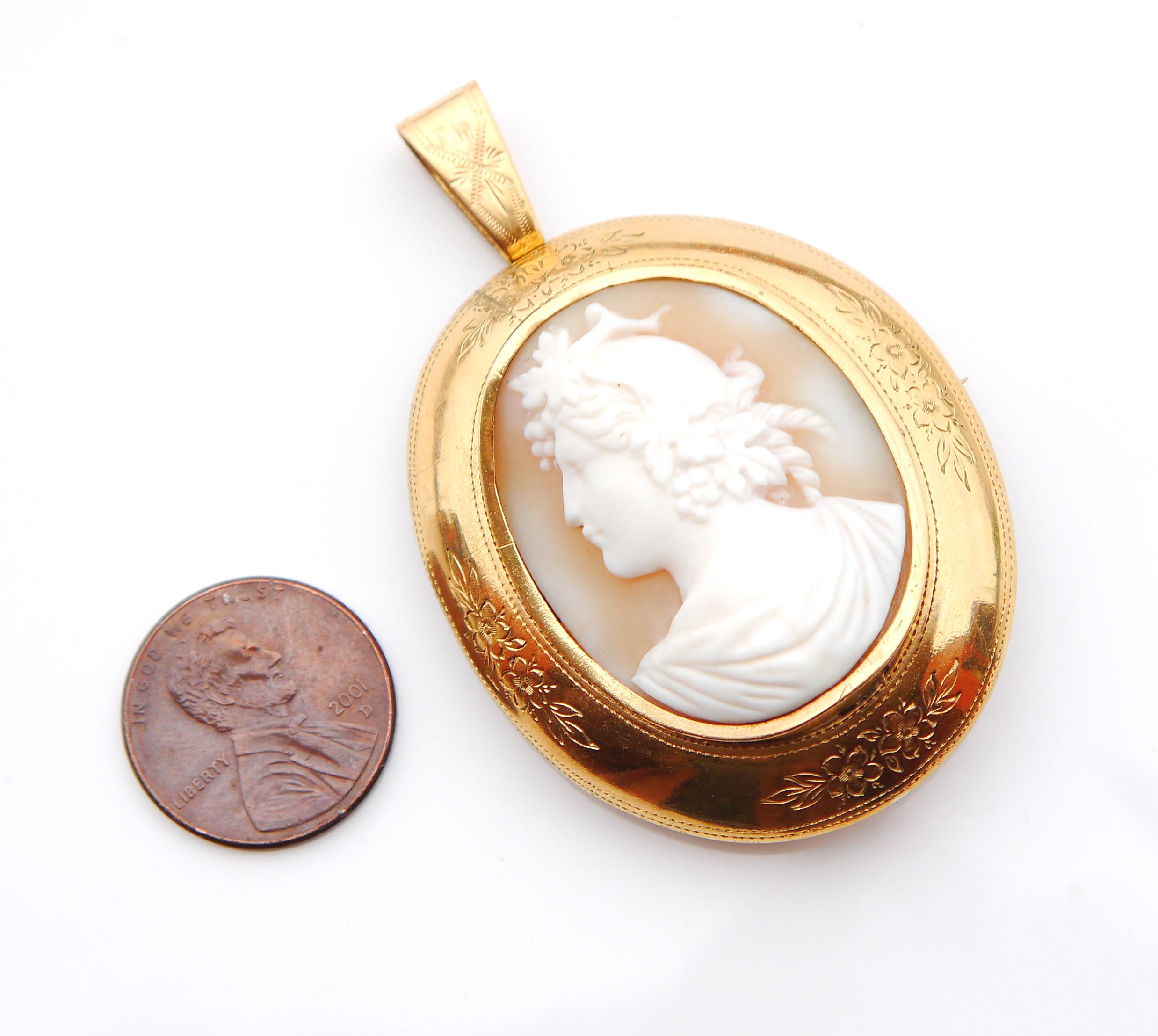 Antique Dionysus Carved Shell Cameo pendant brooch solid Gilt Silver/11.4gr For Sale 1